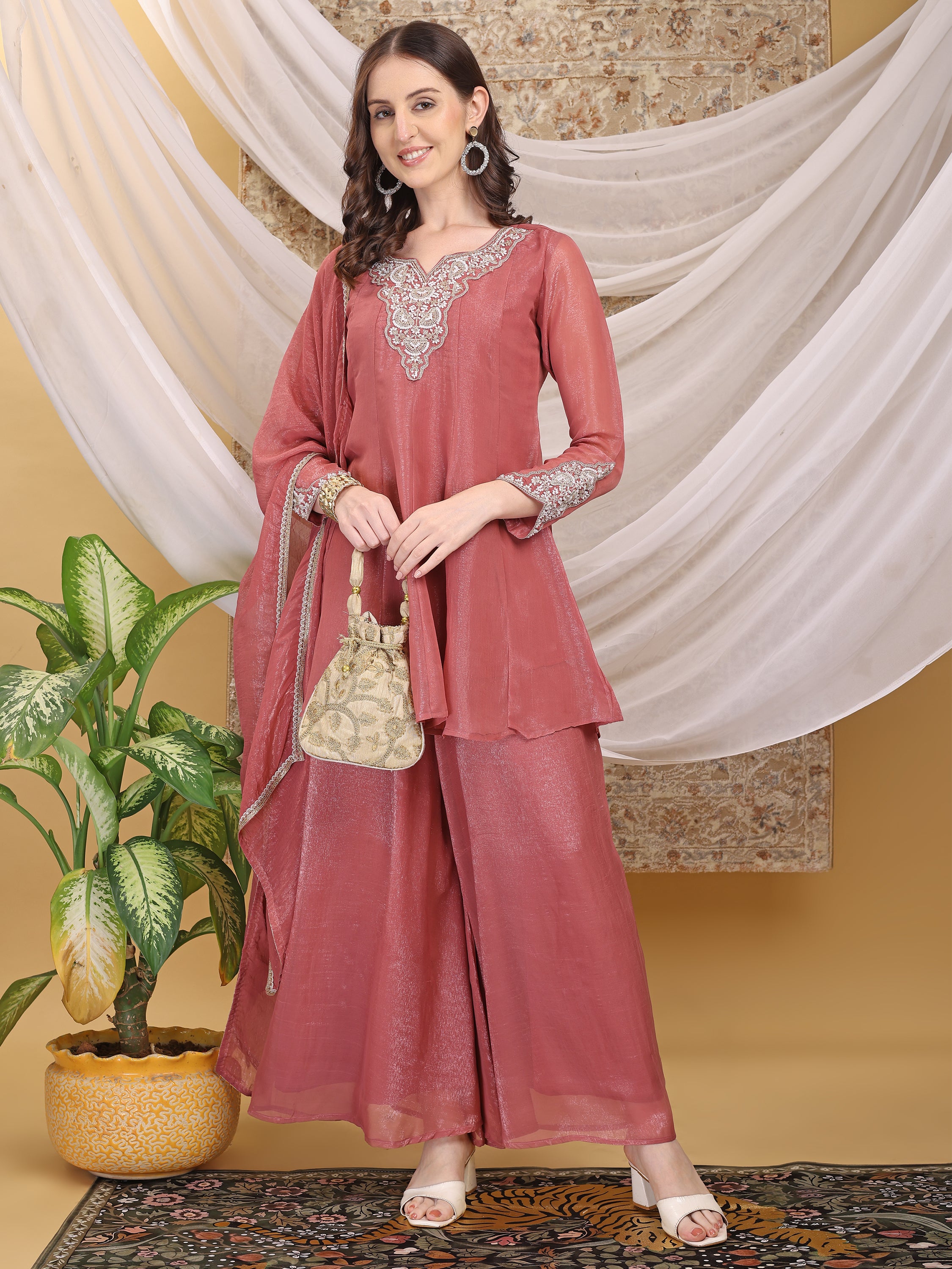 Women's Rose Pink Motiwork Patch Work A-Line Top Palazzo with Dupatta Set For Festive, Wedding & Party Wear