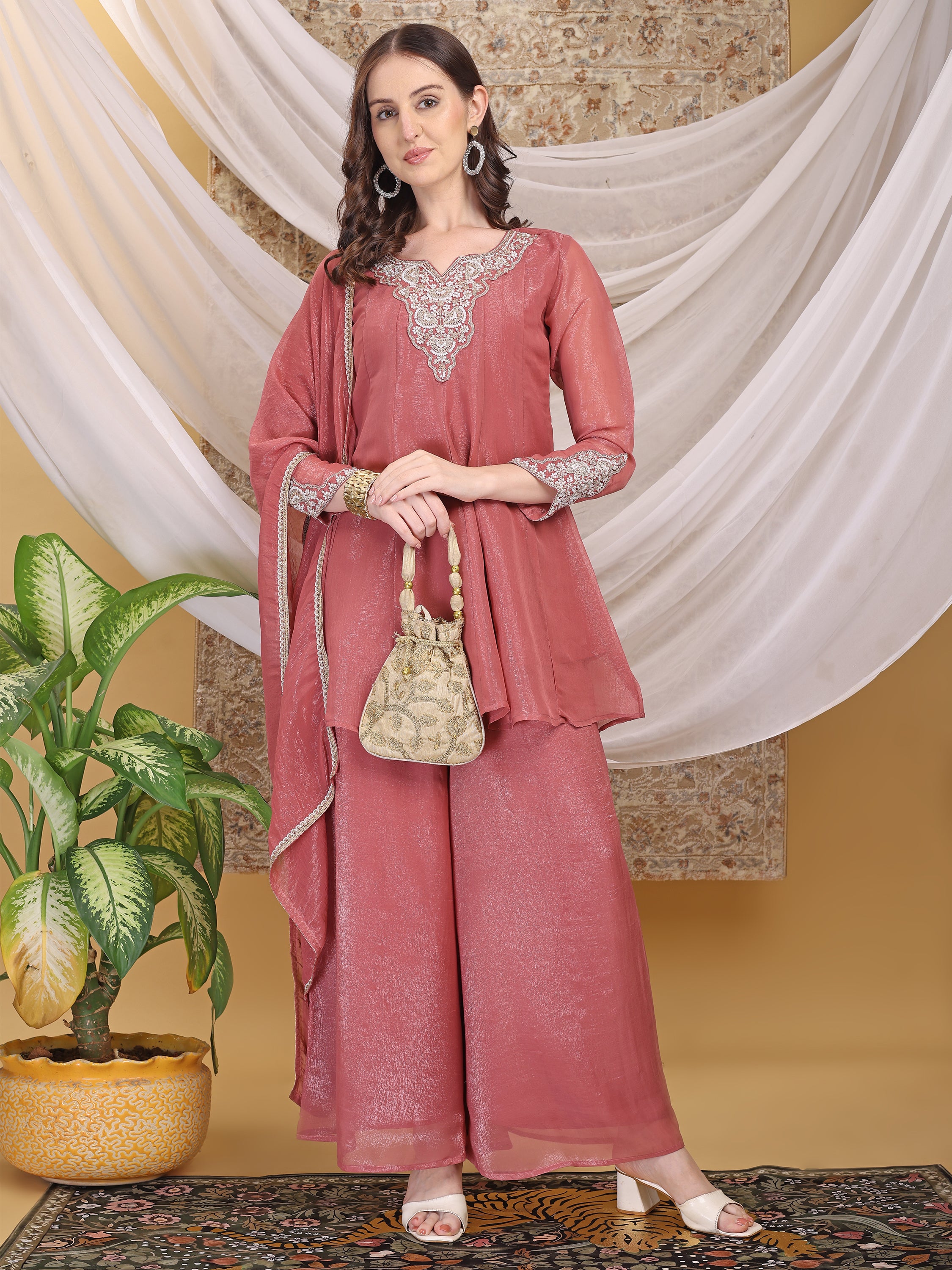 Women's Rose Pink Motiwork Patch Work A-Line Top Palazzo with Dupatta Set For Festive, Wedding & Party Wear
