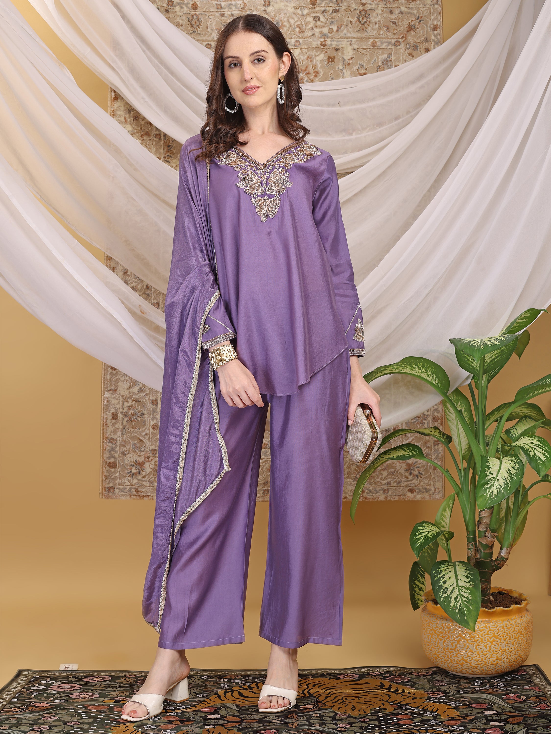 Women's Lavender Hand Work Flared Top Palazzo with Dupatta Set For Festive, Wedding & Party Wear