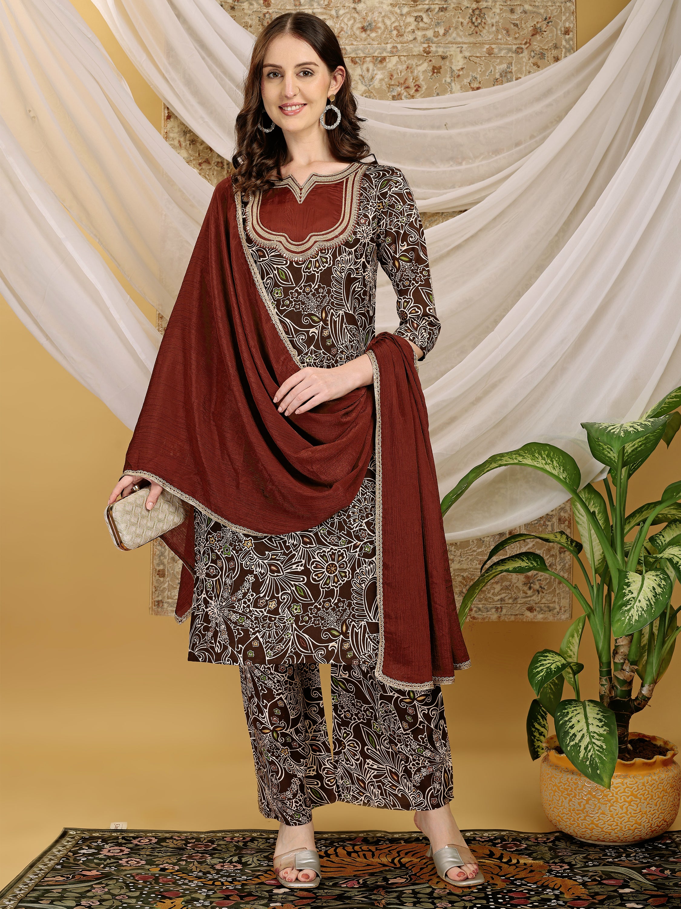 Women's Brown Noutch Neck Floral Printed Lace Yoke Pattern Straight Kurta Palazzo with Dupatta Set