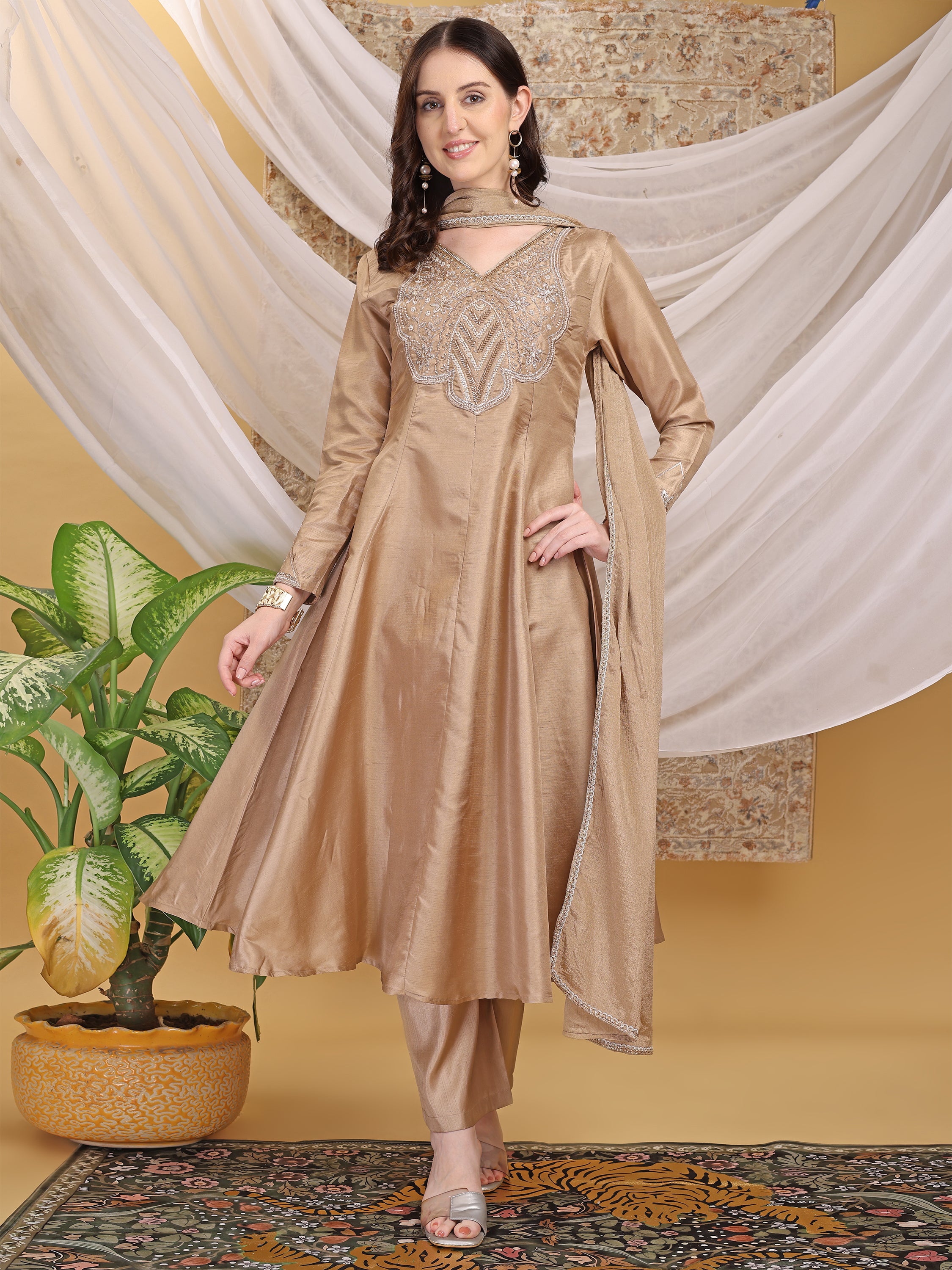 Women's Beige V-Neck Emblished Anarkali Kurta Pant with Dupatta Set For Festive, Wedding & Party Wear