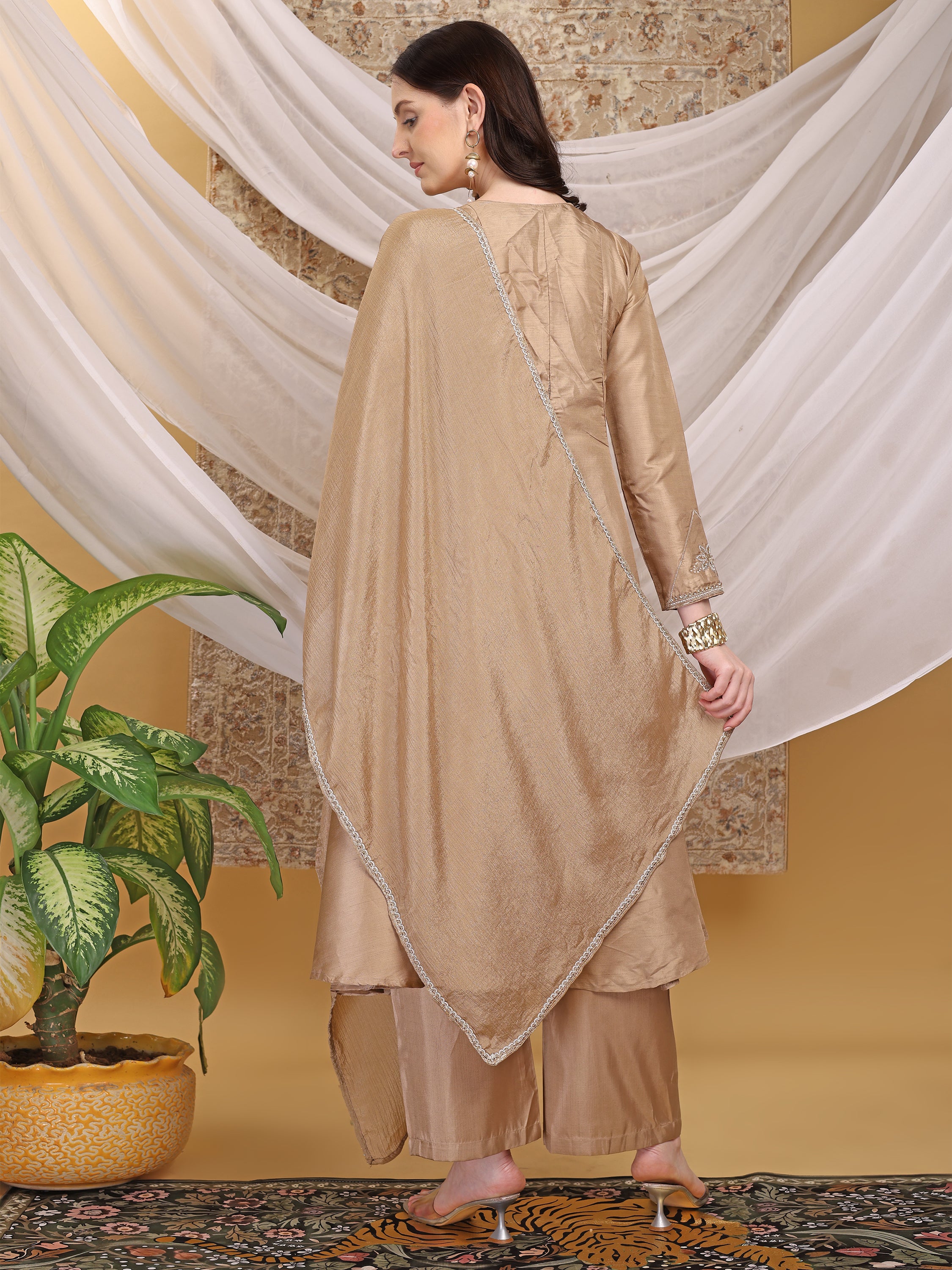 Women's Beige V-Neck Emblished Anarkali Kurta Pant with Dupatta Set For Festive, Wedding & Party Wear