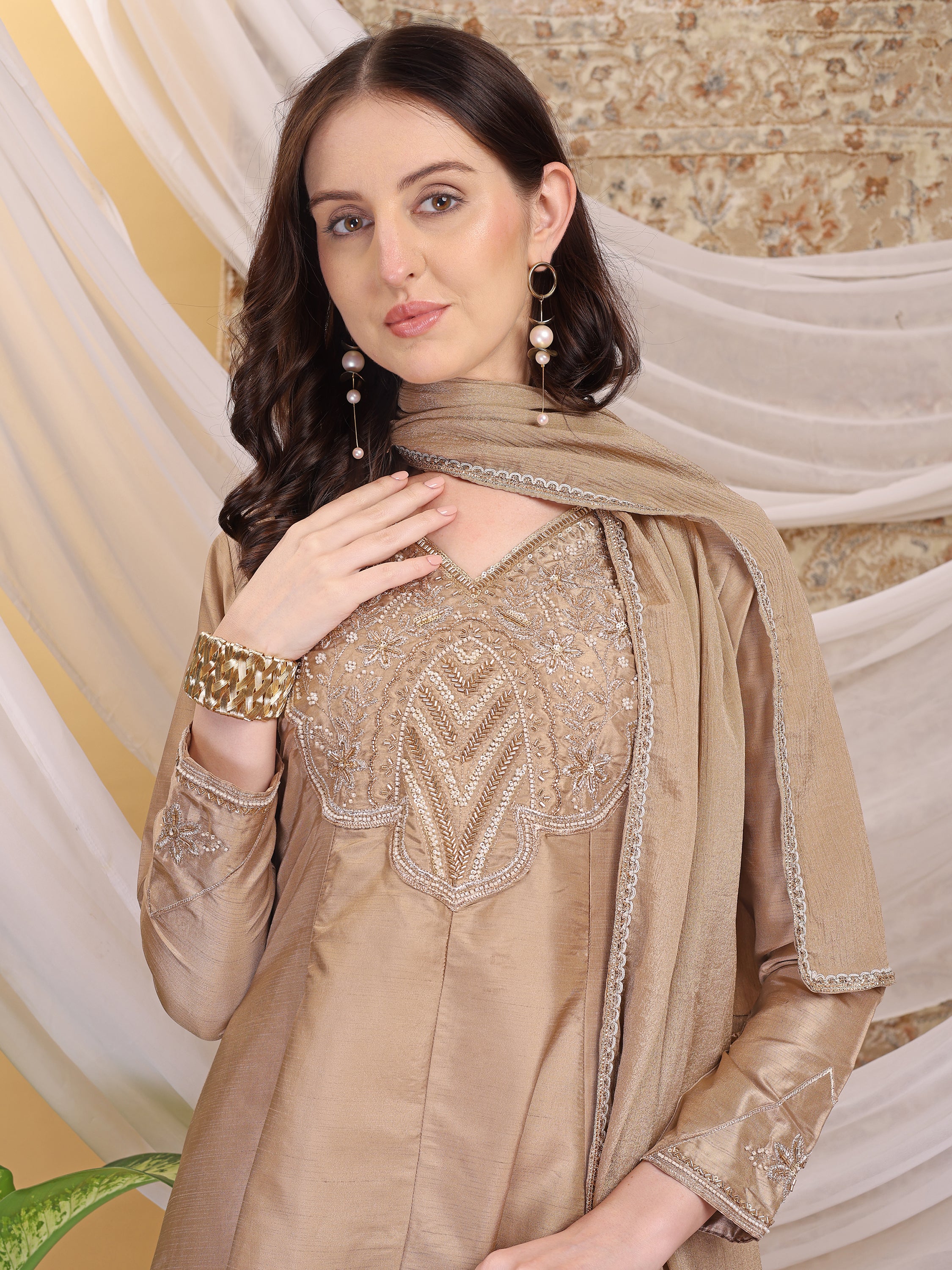 Women's Beige V-Neck Emblished Anarkali Kurta Pant with Dupatta Set For Festive, Wedding & Party Wear