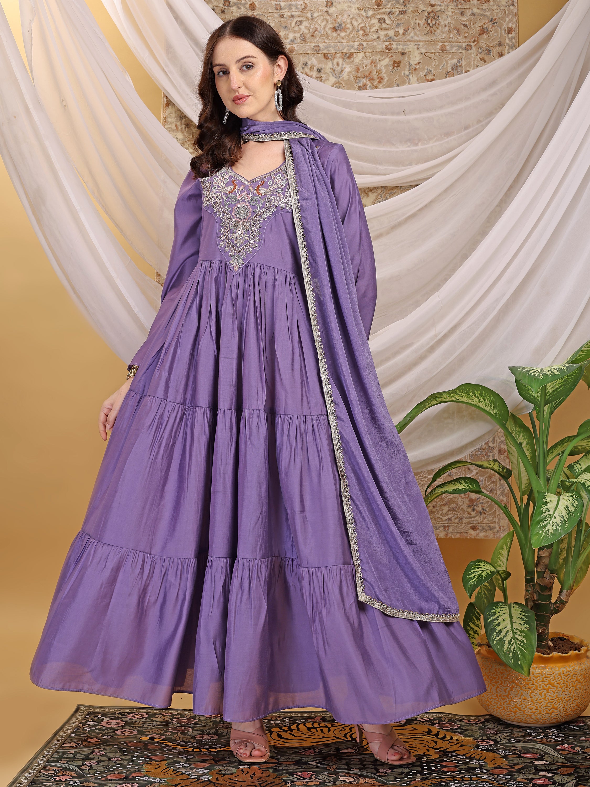 Women's Lavender Hand Work Tiered Anarkali Dress with Dupatta Flared Ethnic Gown for Festive, Wedding & Party Wear