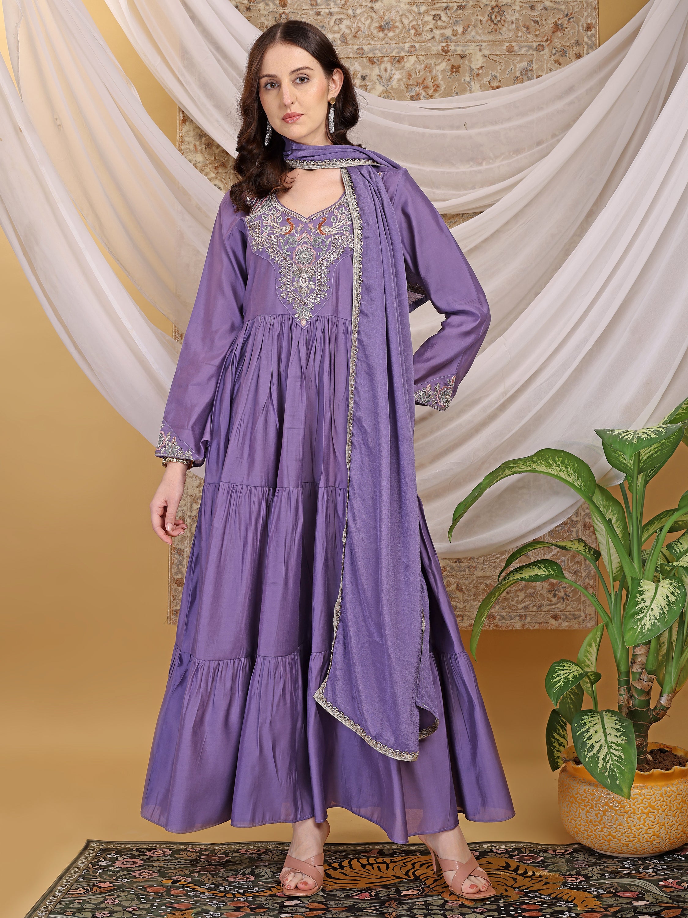 Women's Lavender Hand Work Tiered Anarkali Dress with Dupatta Flared Ethnic Gown for Festive, Wedding & Party Wear