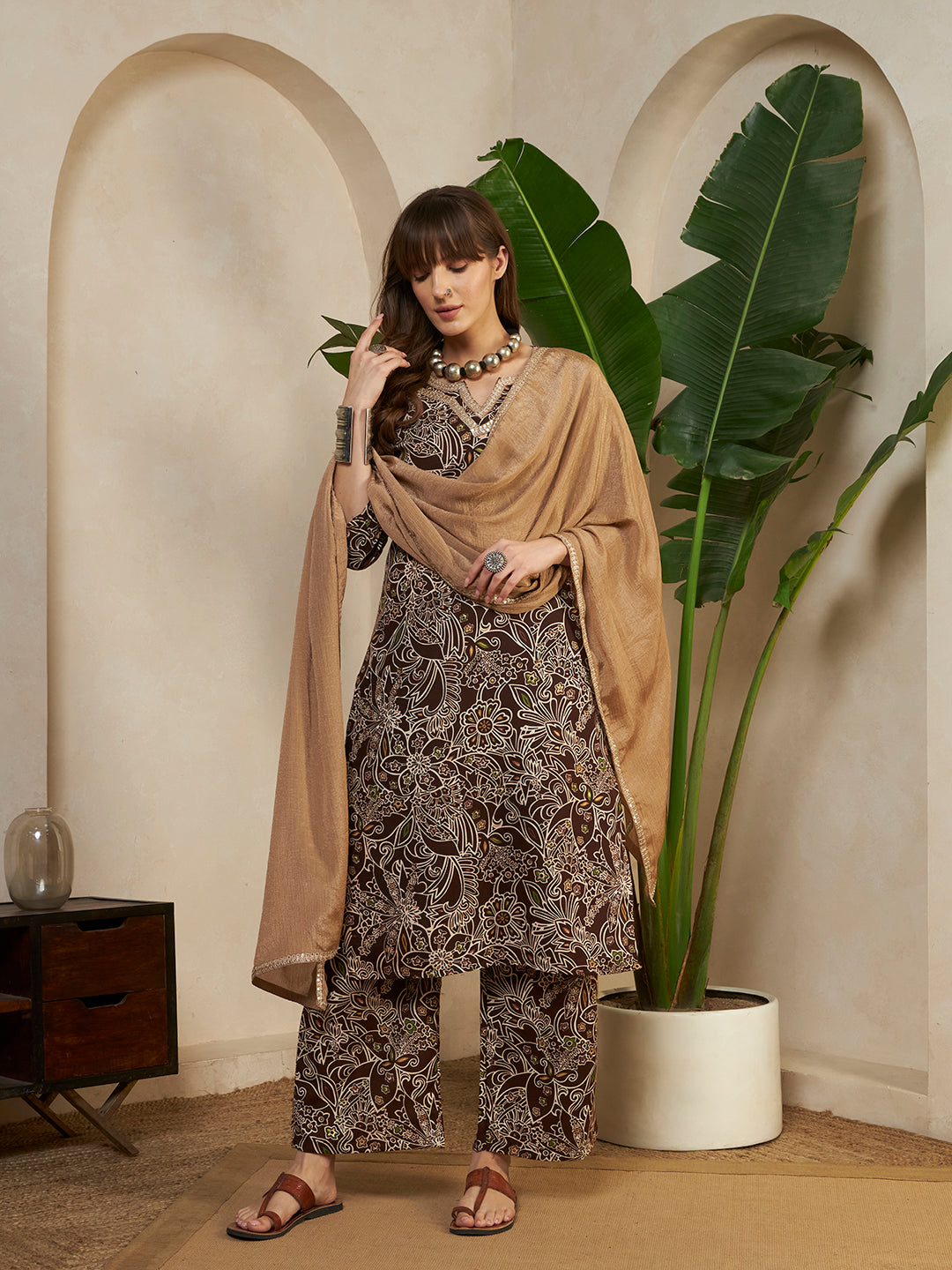 Women’s Brown Floral Printed Kurta Pant Set with With Beige Dupatta