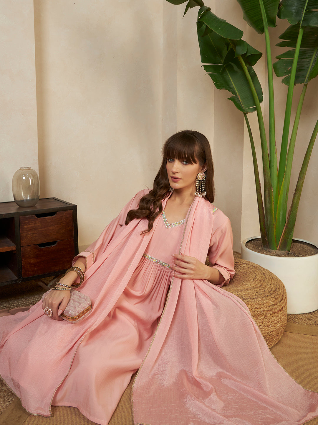 Women’s Pink Embellished V-Neck Kurta Pant Set with Dupatta