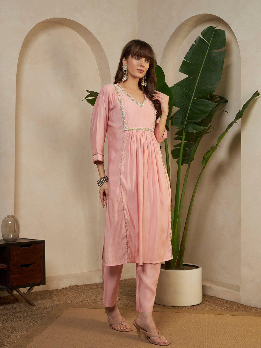 Women’s Pink Embellished V-Neck Kurta Pant Set with Dupatta