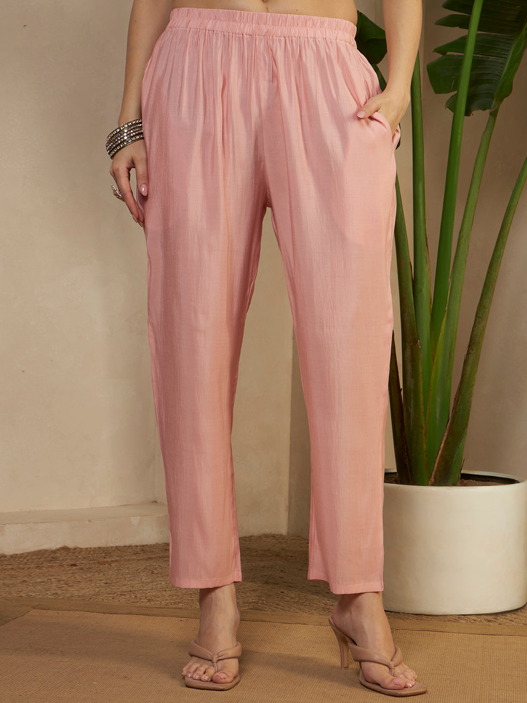 Women’s Pink Embellished V-Neck Kurta Pant Set with Dupatta