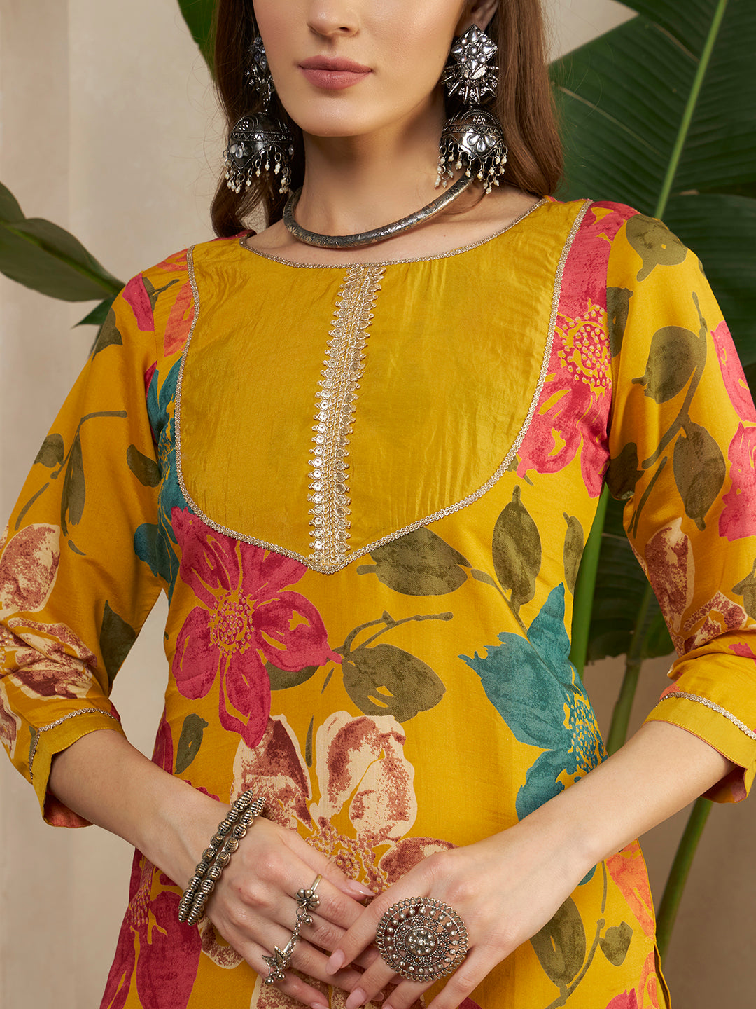 Women’s Mustard Yellow Floral Printed Kurta Pant Set with Dupatta