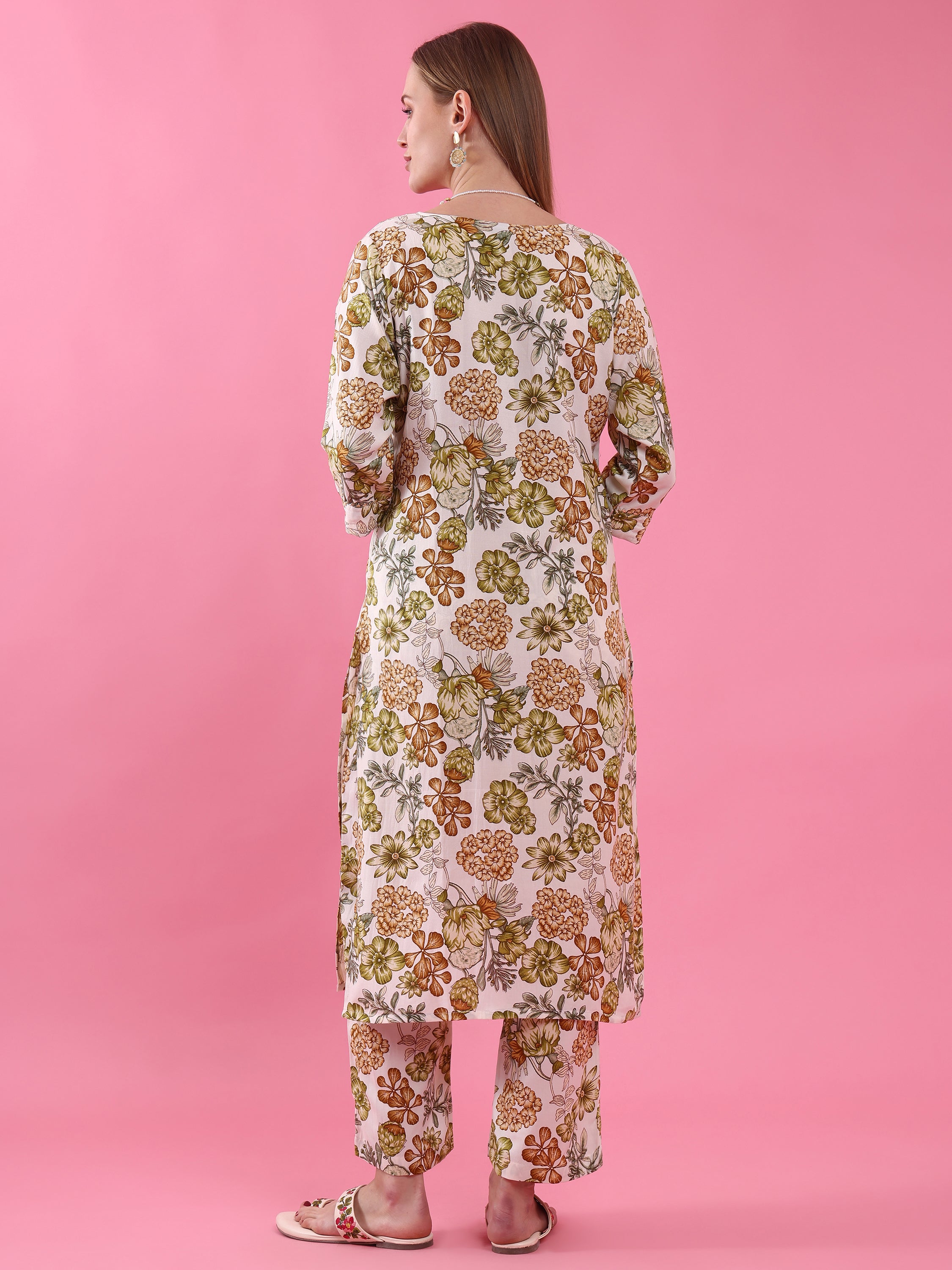 Women’s Beige Floral Printed Polycotton Kurta Pant Set