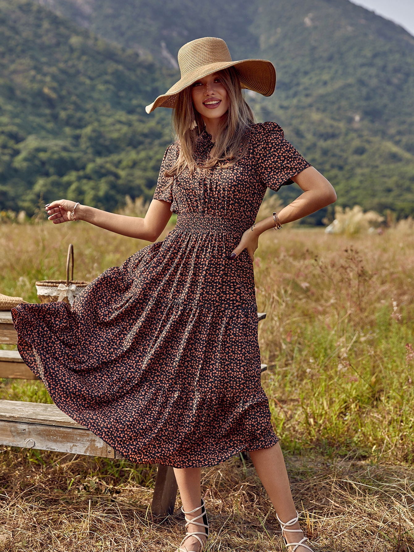 Women Mandarin Blooms Printed Crepe Dress Women Mandarin Blooms Printed Crepe Dress