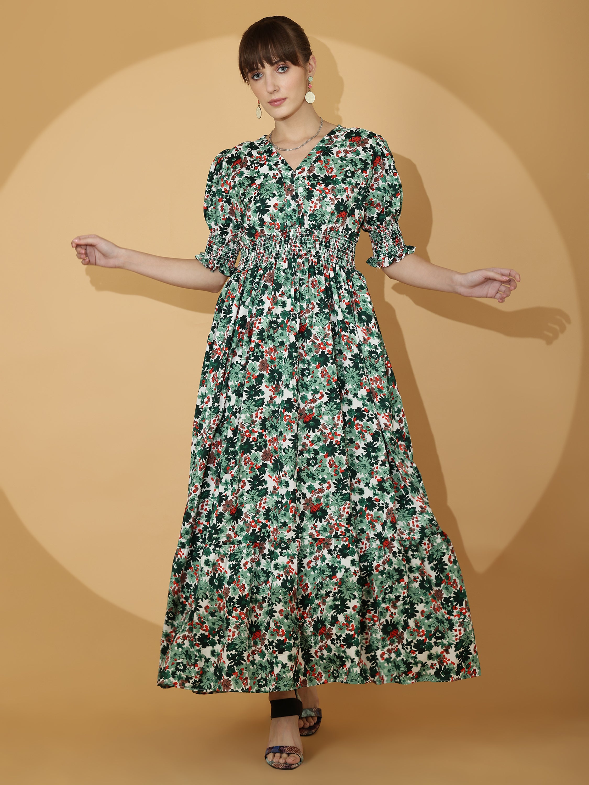 Green Floral Printed Smocked Maxi Dress