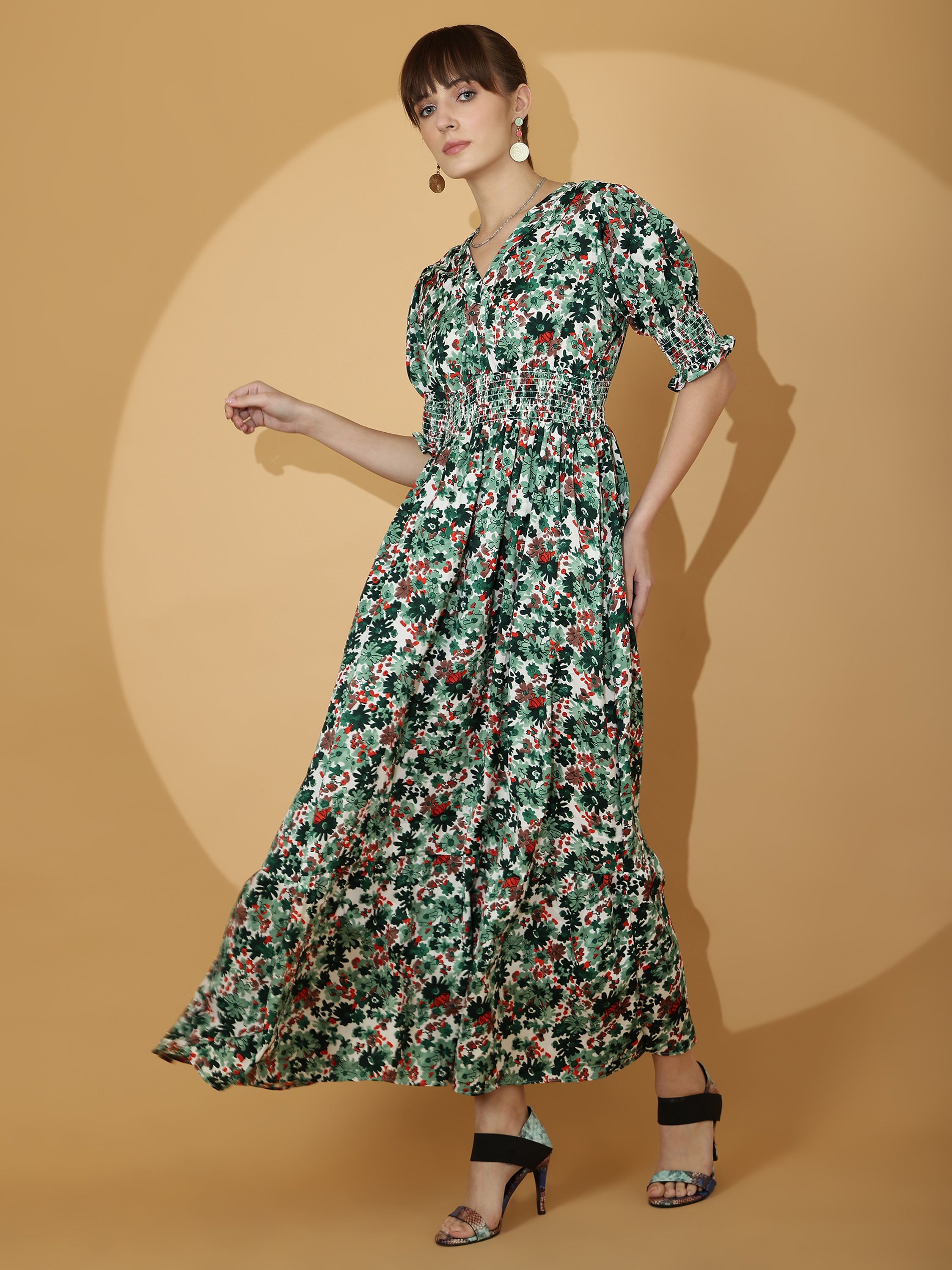Green Floral Printed Smocked Maxi Dress