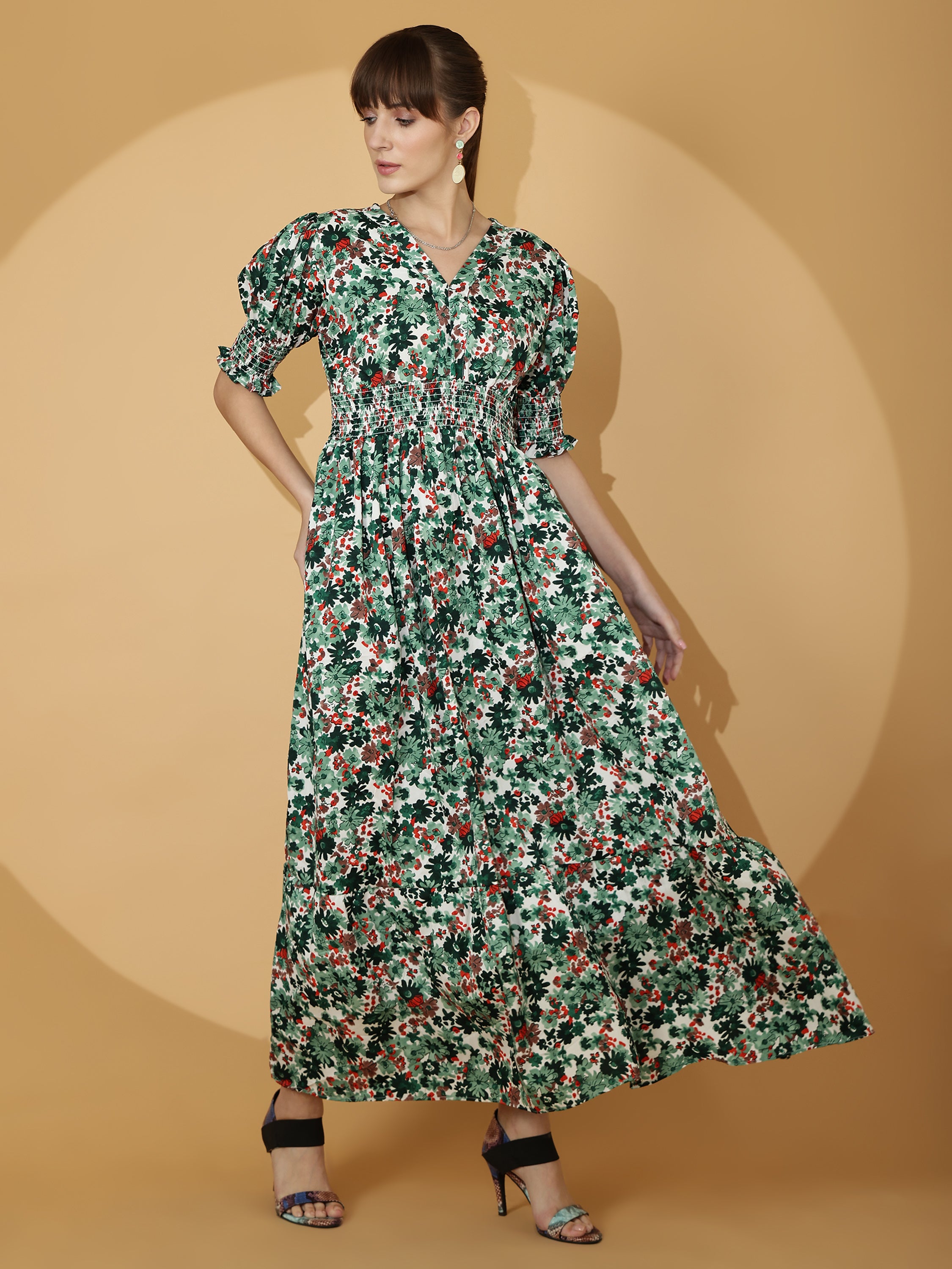 Green Floral Printed Smocked Maxi Dress