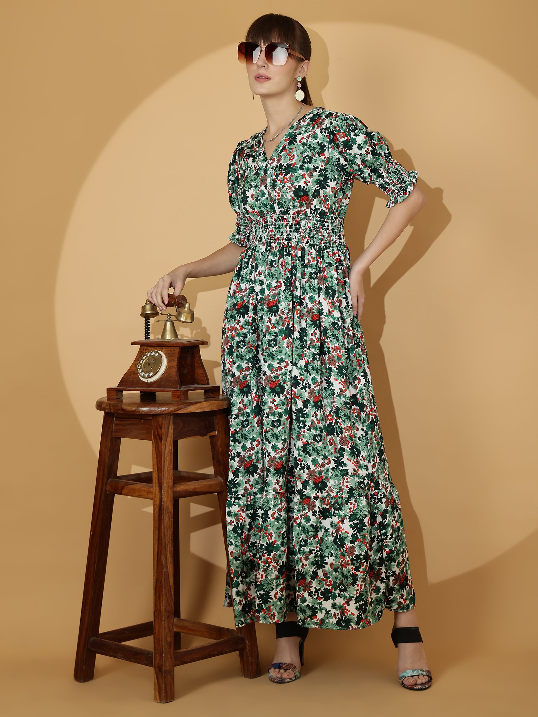 Green Floral Printed Smocked Maxi Dress