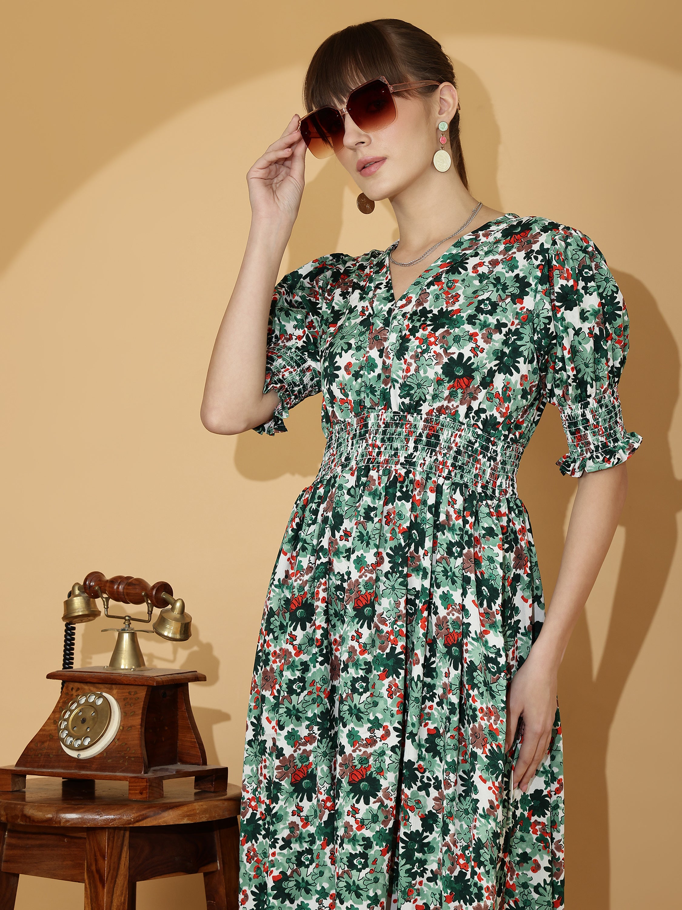 Green Floral Printed Smocked Maxi Dress