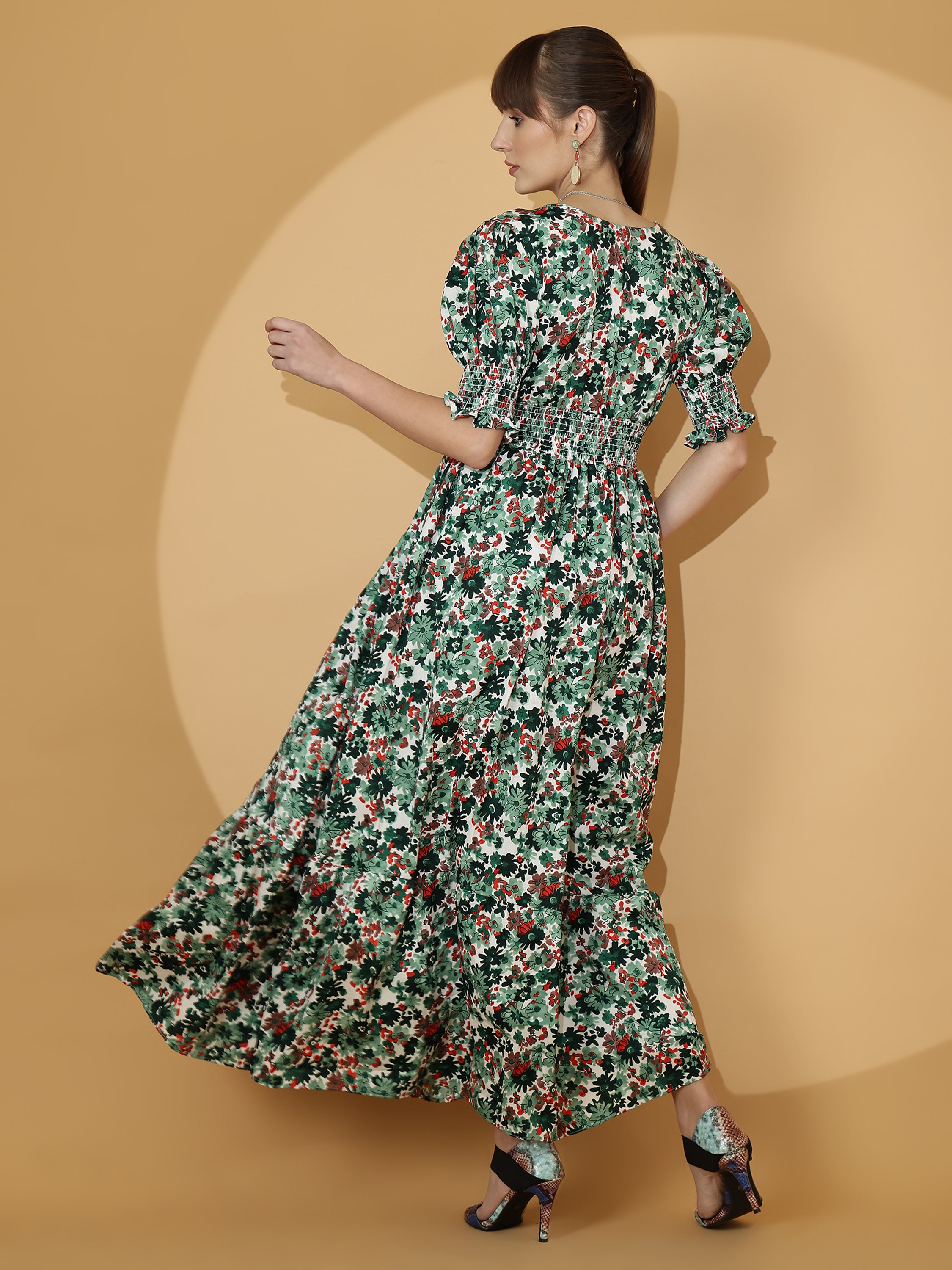 Green Floral Printed Smocked Maxi Dress