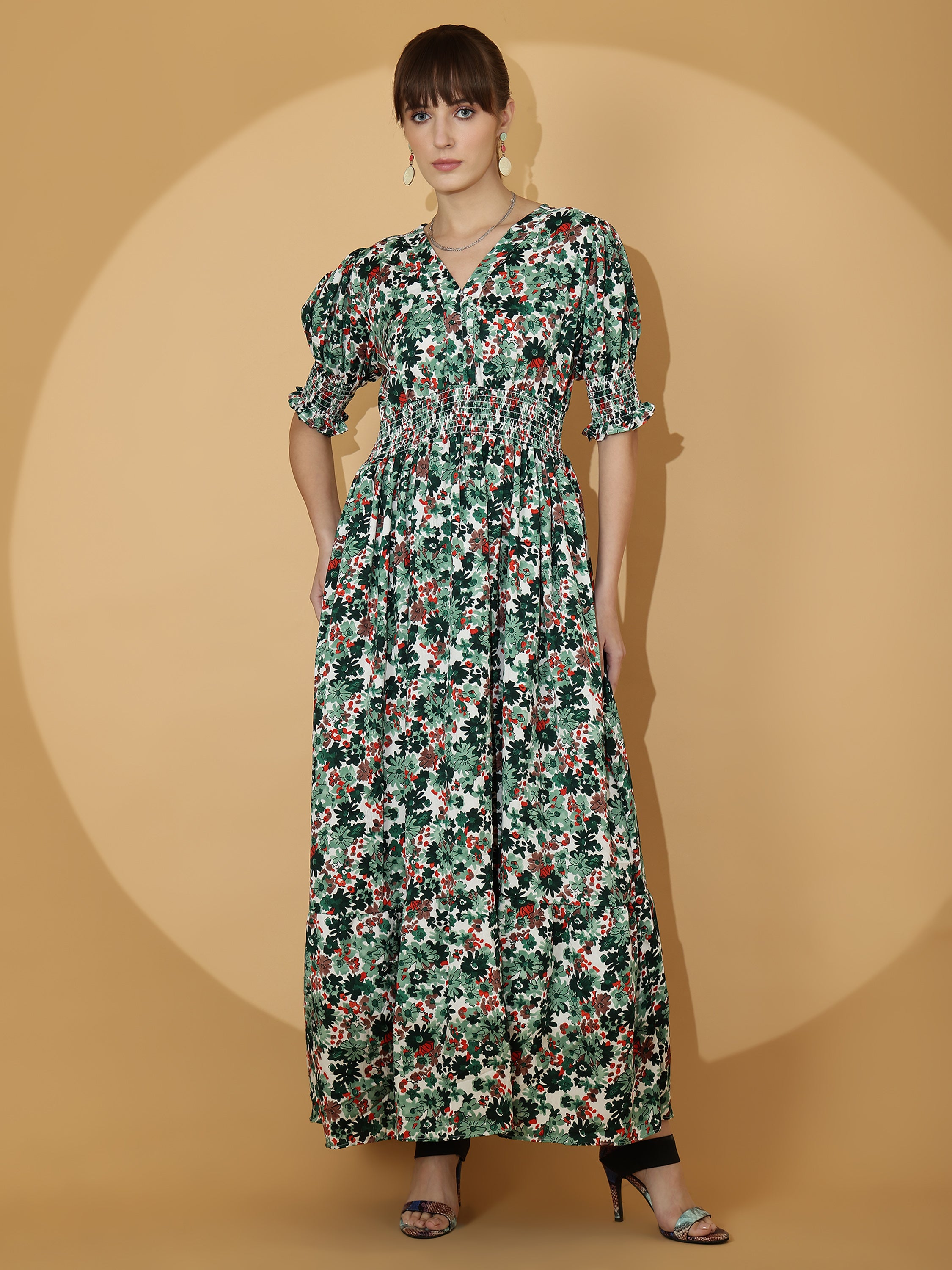 Green Floral Printed Smocked Maxi Dress
