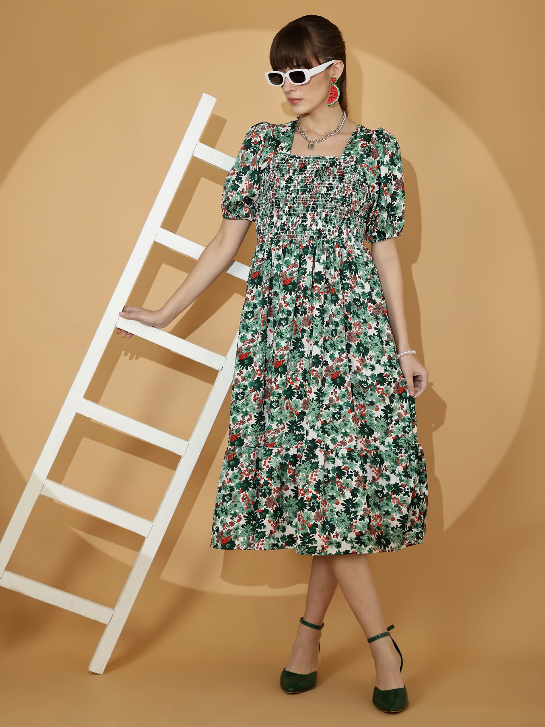 Green Floral Printed Fit & Flare Crepe Midi Dress
