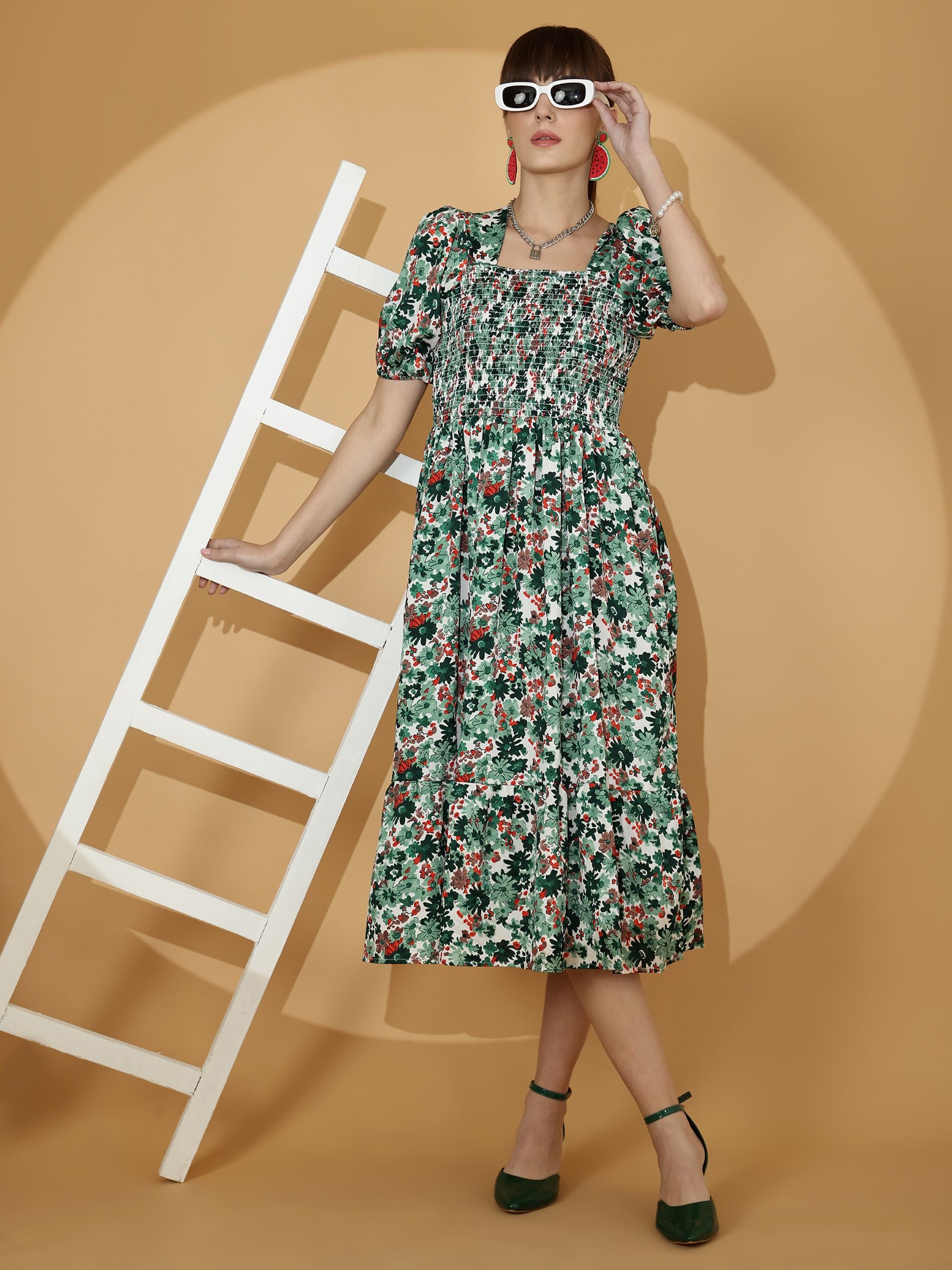 Green Floral Printed Fit & Flare Crepe Midi Dress