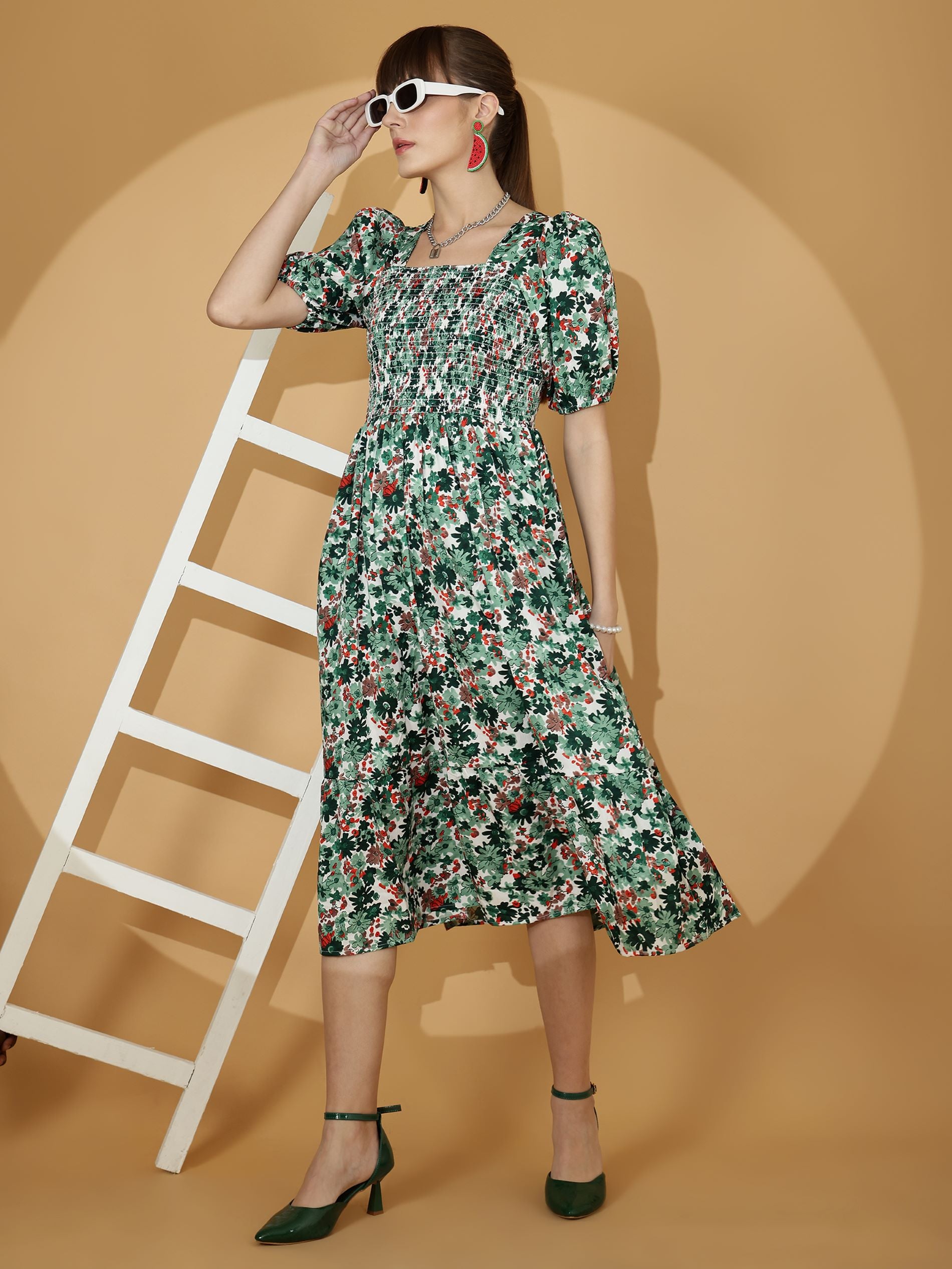 Green Floral Printed Fit & Flare Crepe Midi Dress