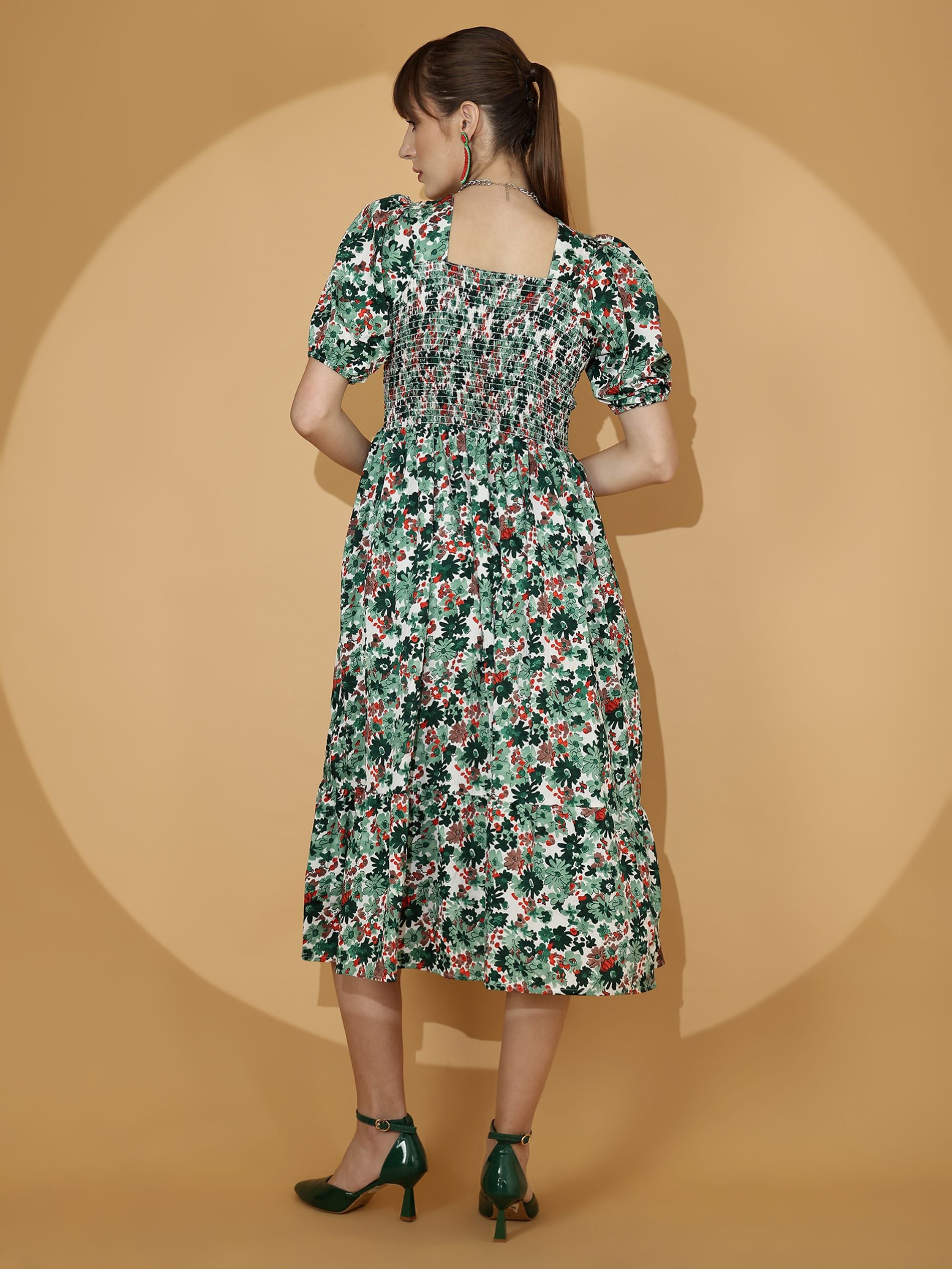 Green Floral Printed Fit & Flare Crepe Midi Dress