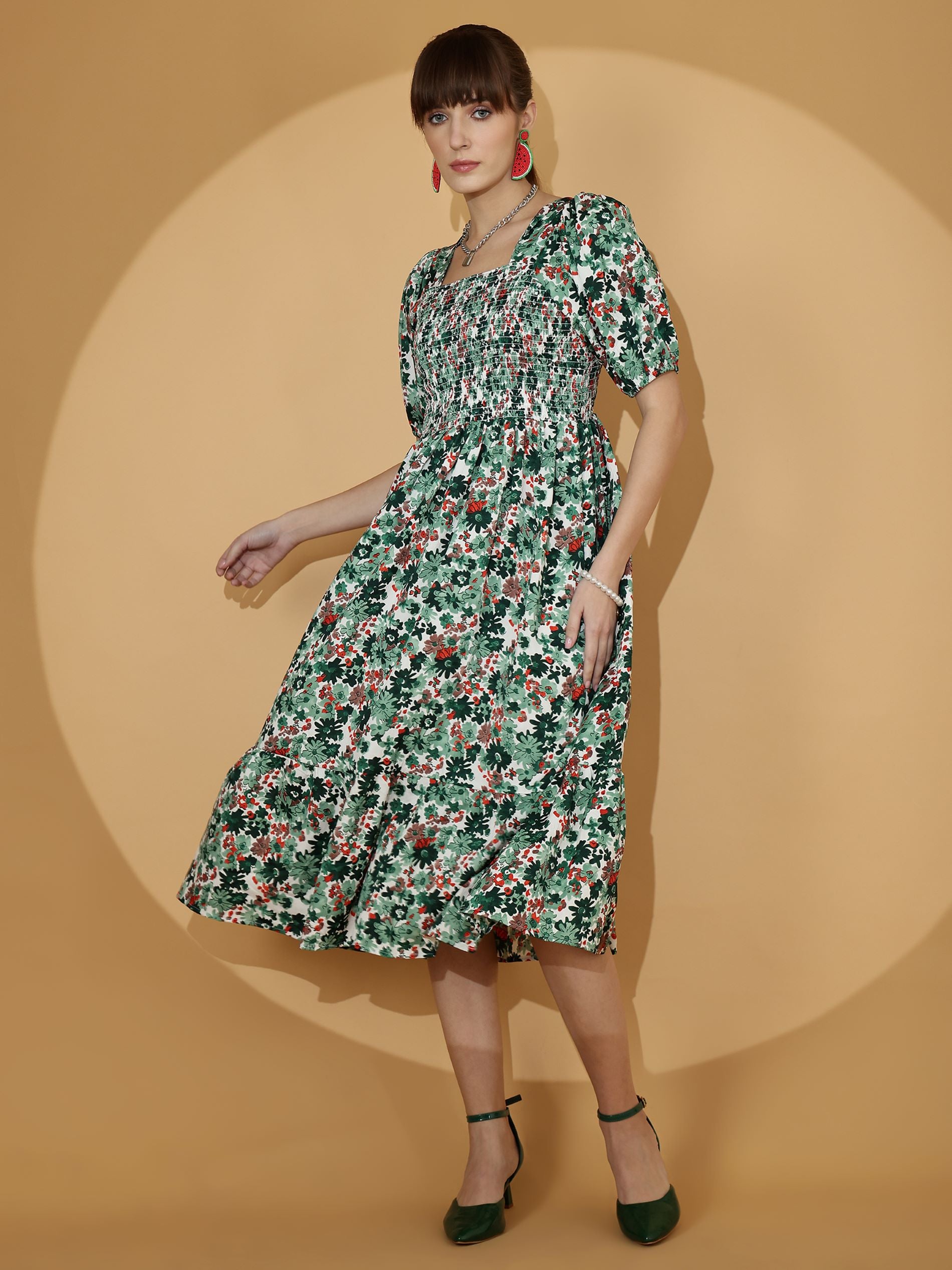 Green Floral Printed Fit & Flare Crepe Midi Dress