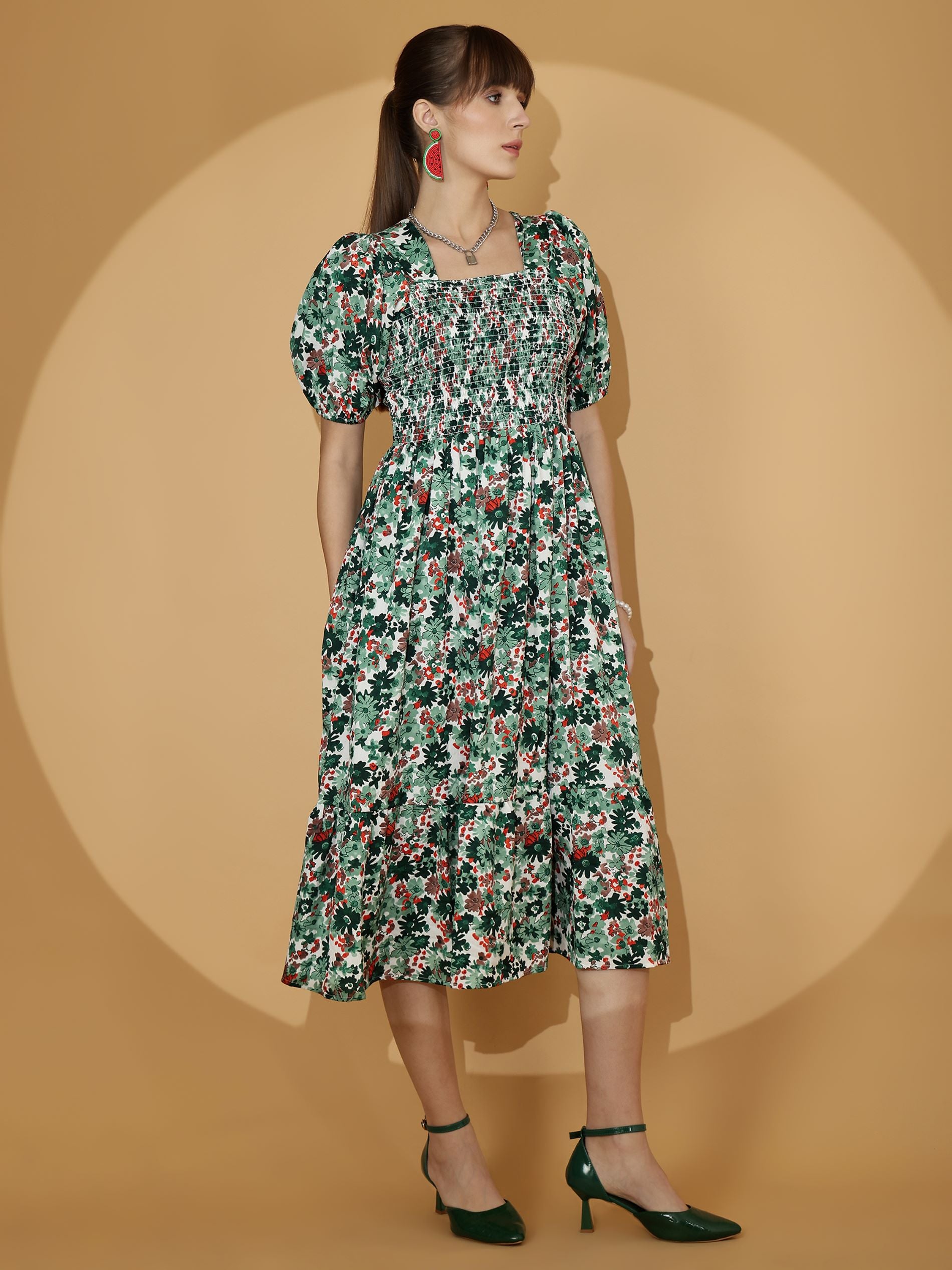 Green Floral Printed Fit & Flare Crepe Midi Dress