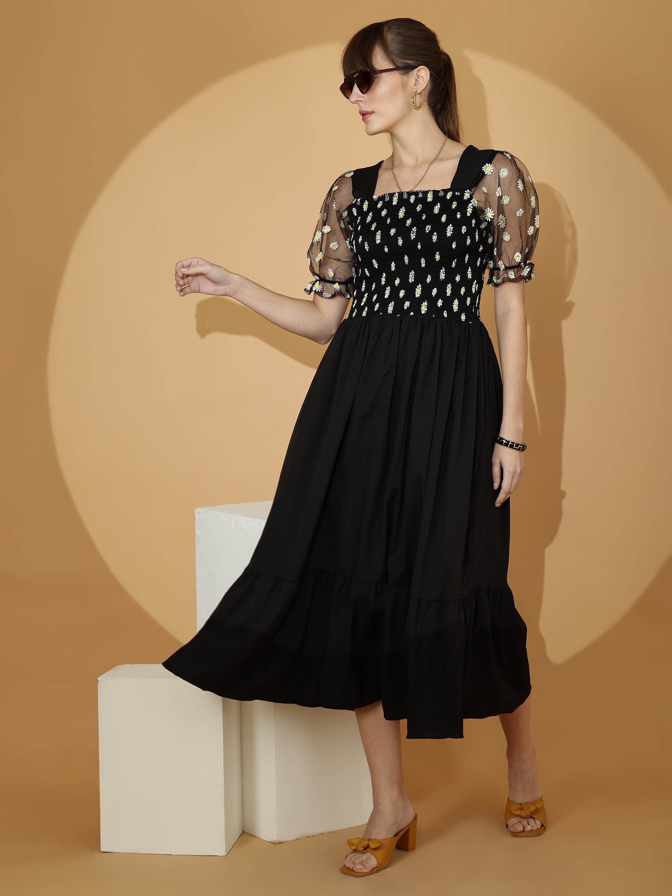 Black Smocked Midi Dress with Sheer Puff Sleeves