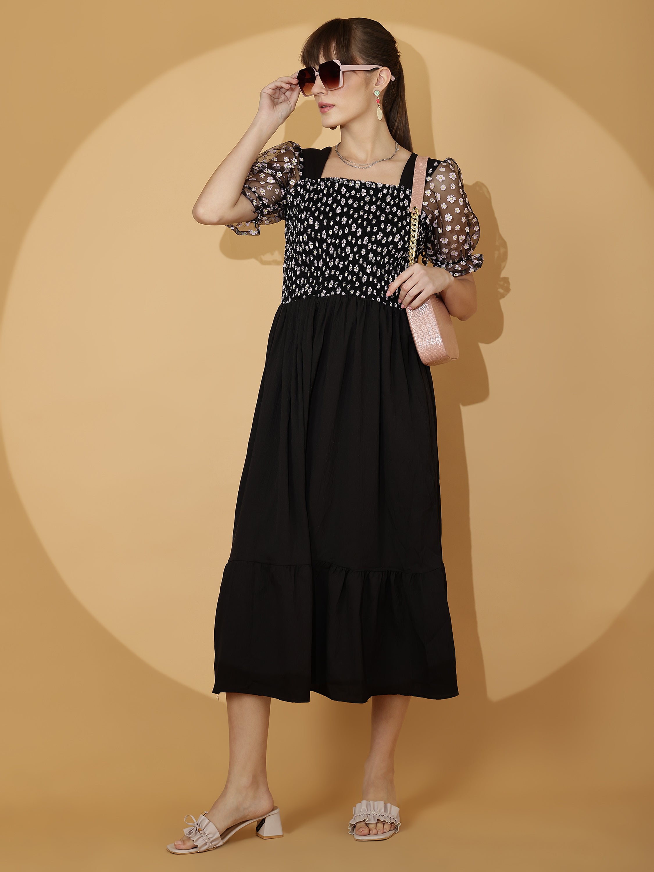 Black Smocked Midi Dress with Sheer Puff Sleeves