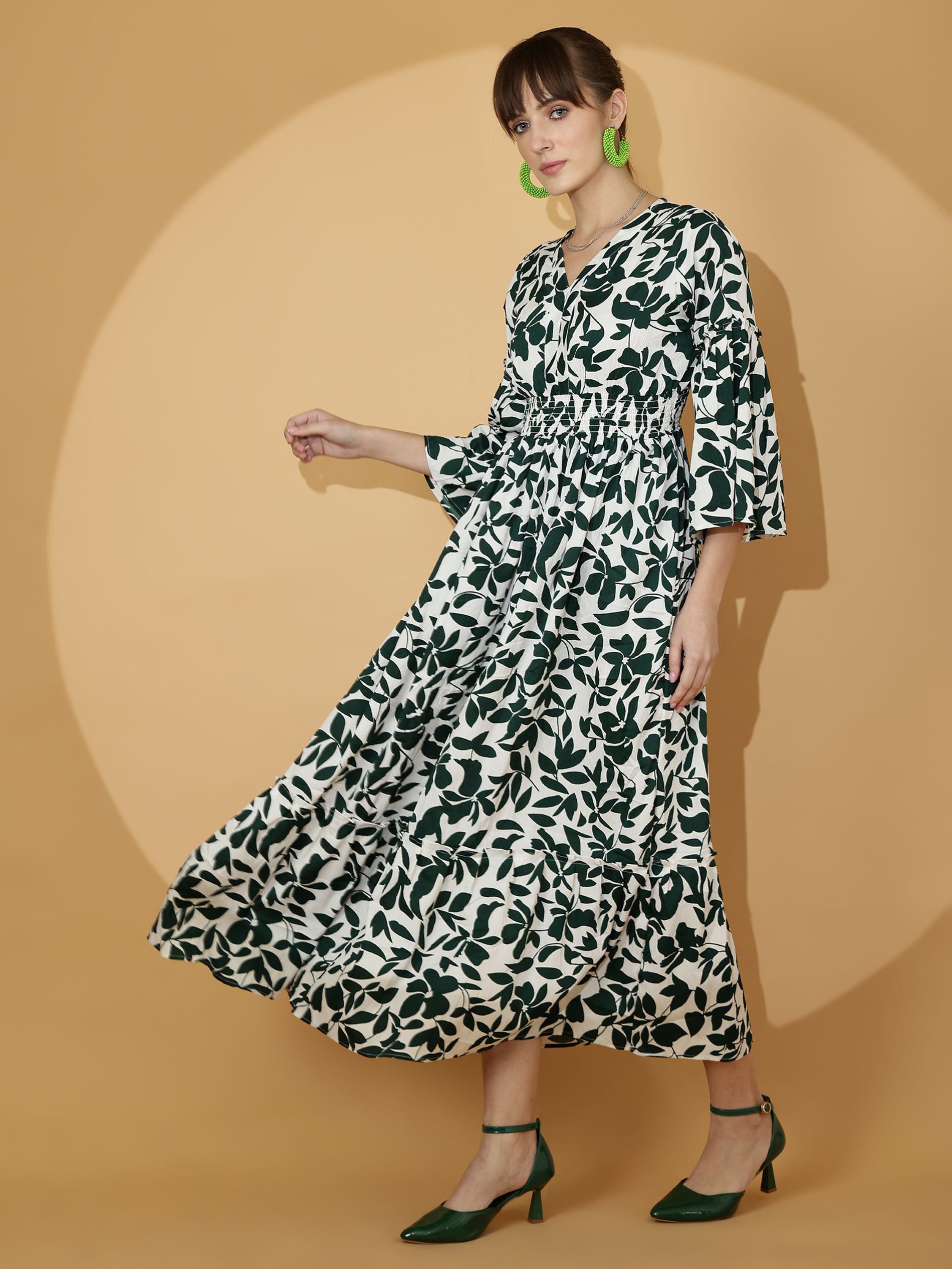 Green V-Neck Fit & Flare Maxi Dress