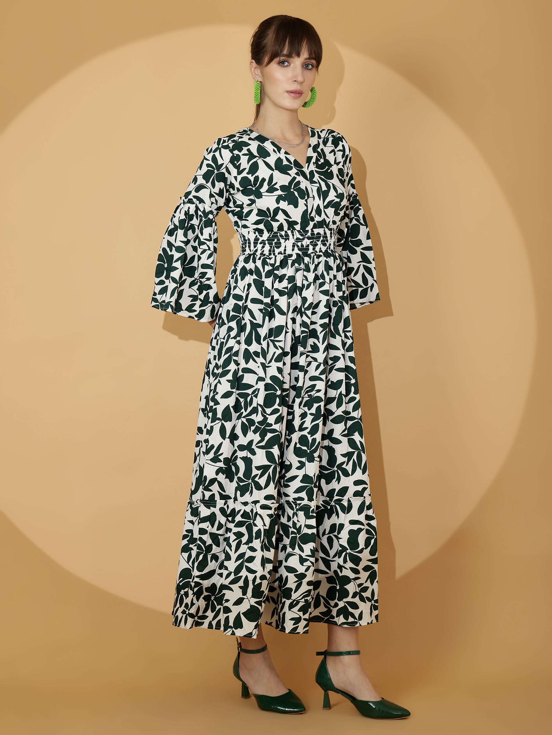 Green V-Neck Fit & Flare Maxi Dress