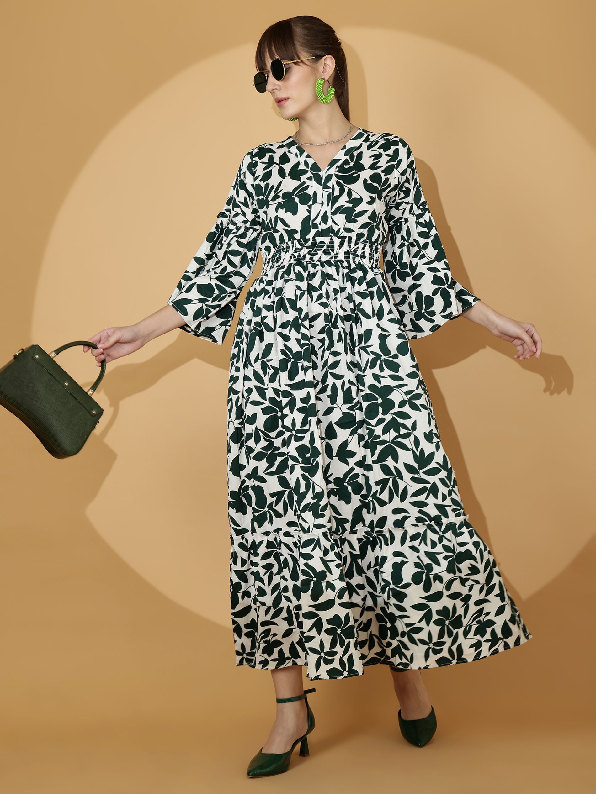 Green V-Neck Fit & Flare Maxi Dress