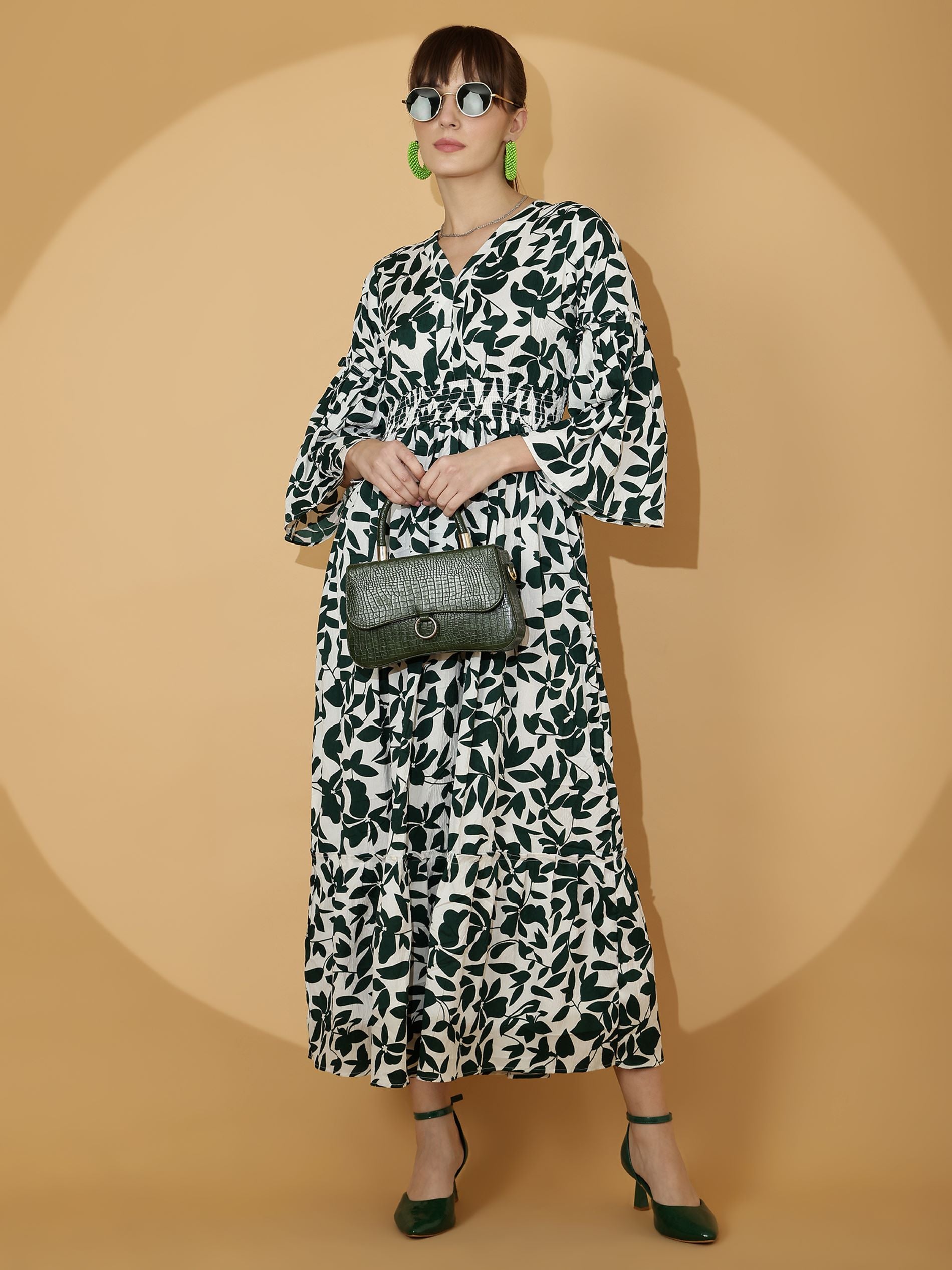 Green V-Neck Fit & Flare Maxi Dress