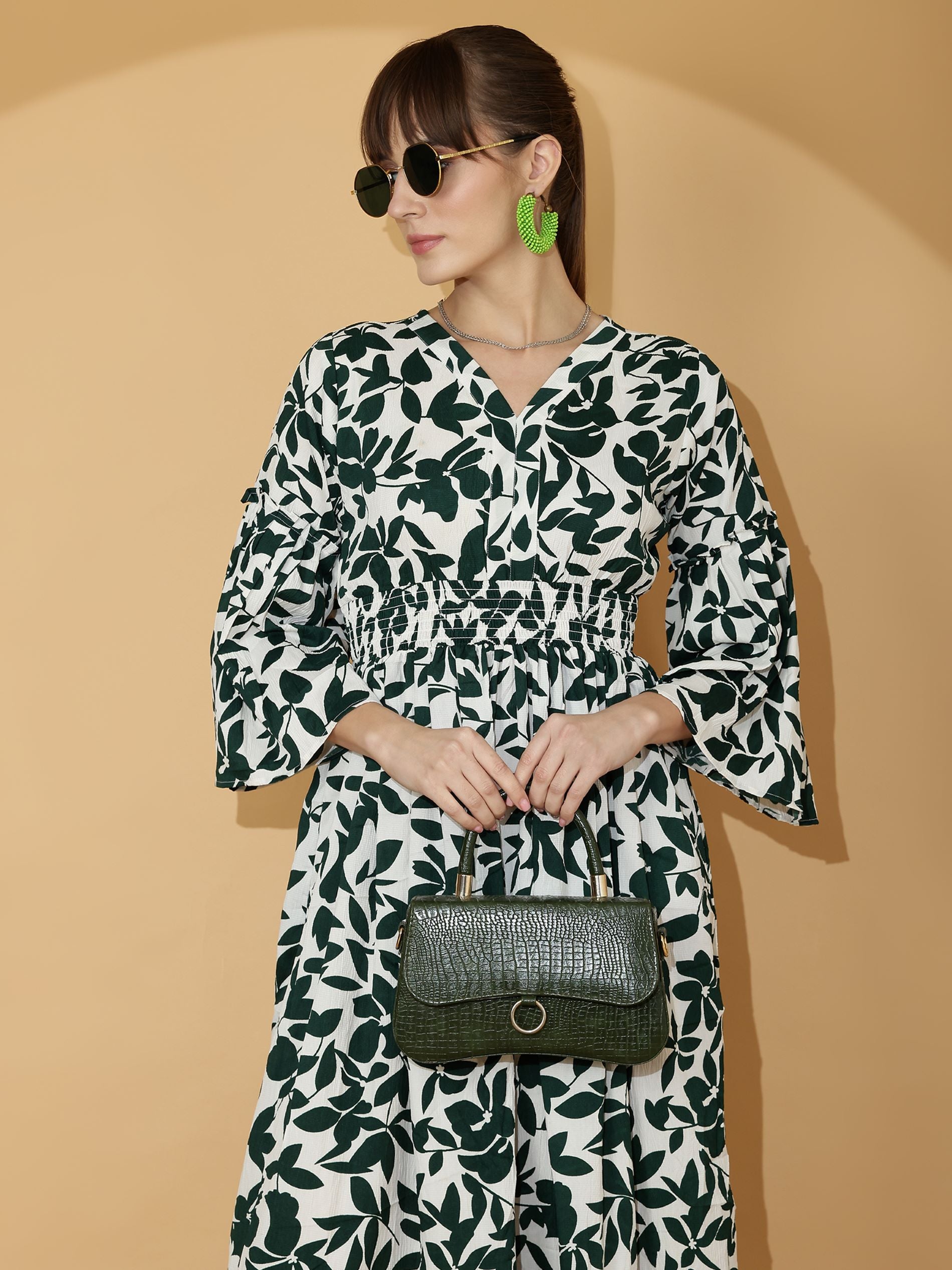 Green V-Neck Fit & Flare Maxi Dress
