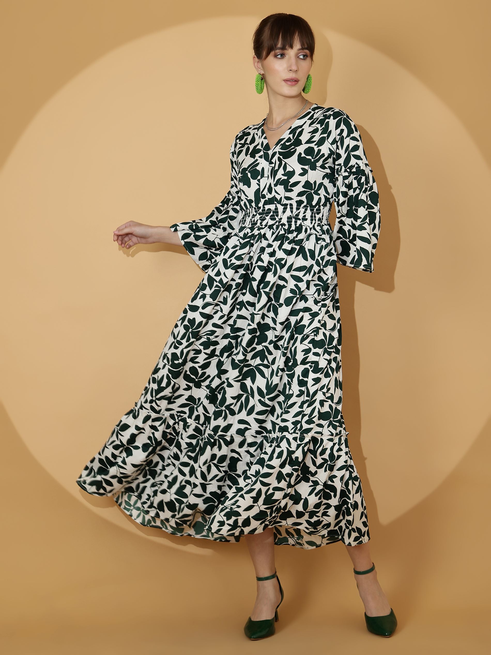 Green V-Neck Fit & Flare Maxi Dress