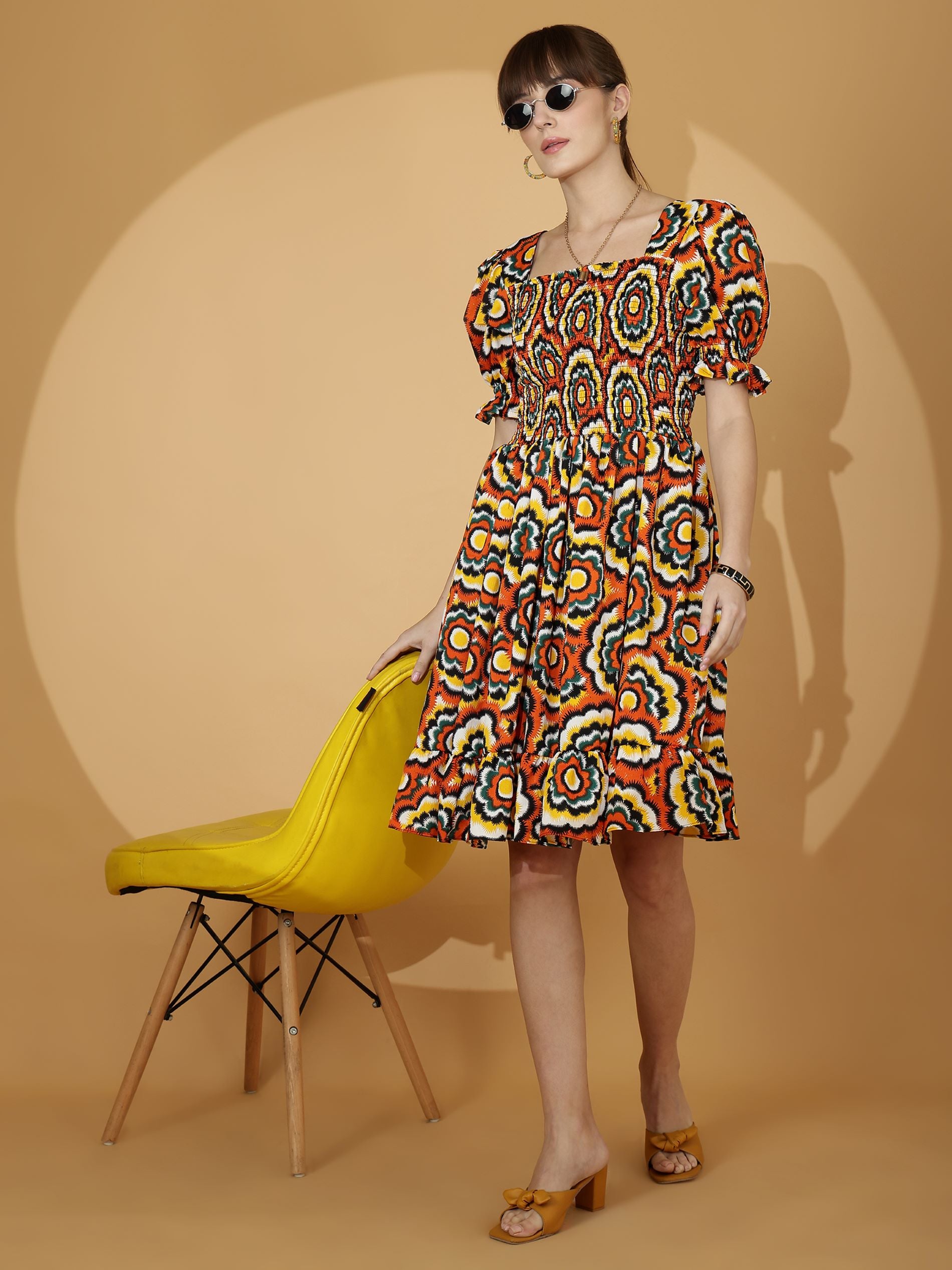 Multi-Colored Puffed Sleeve Fit & Flare Midi Dress
