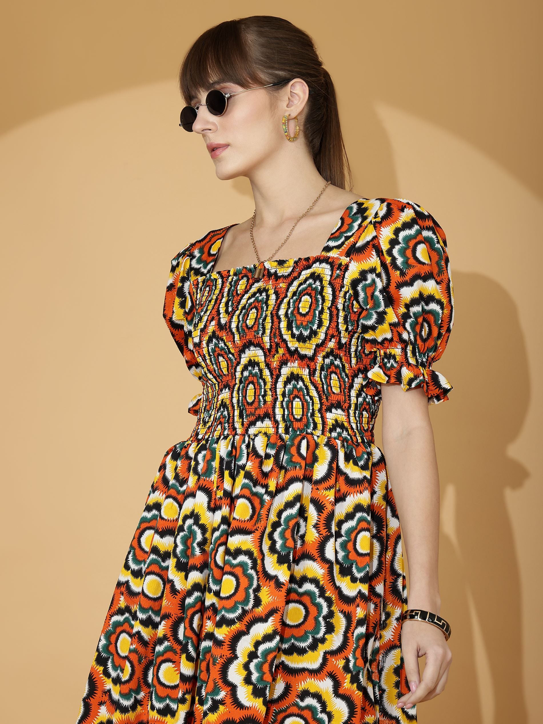 Multi-Colored Puffed Sleeve Fit & Flare Midi Dress