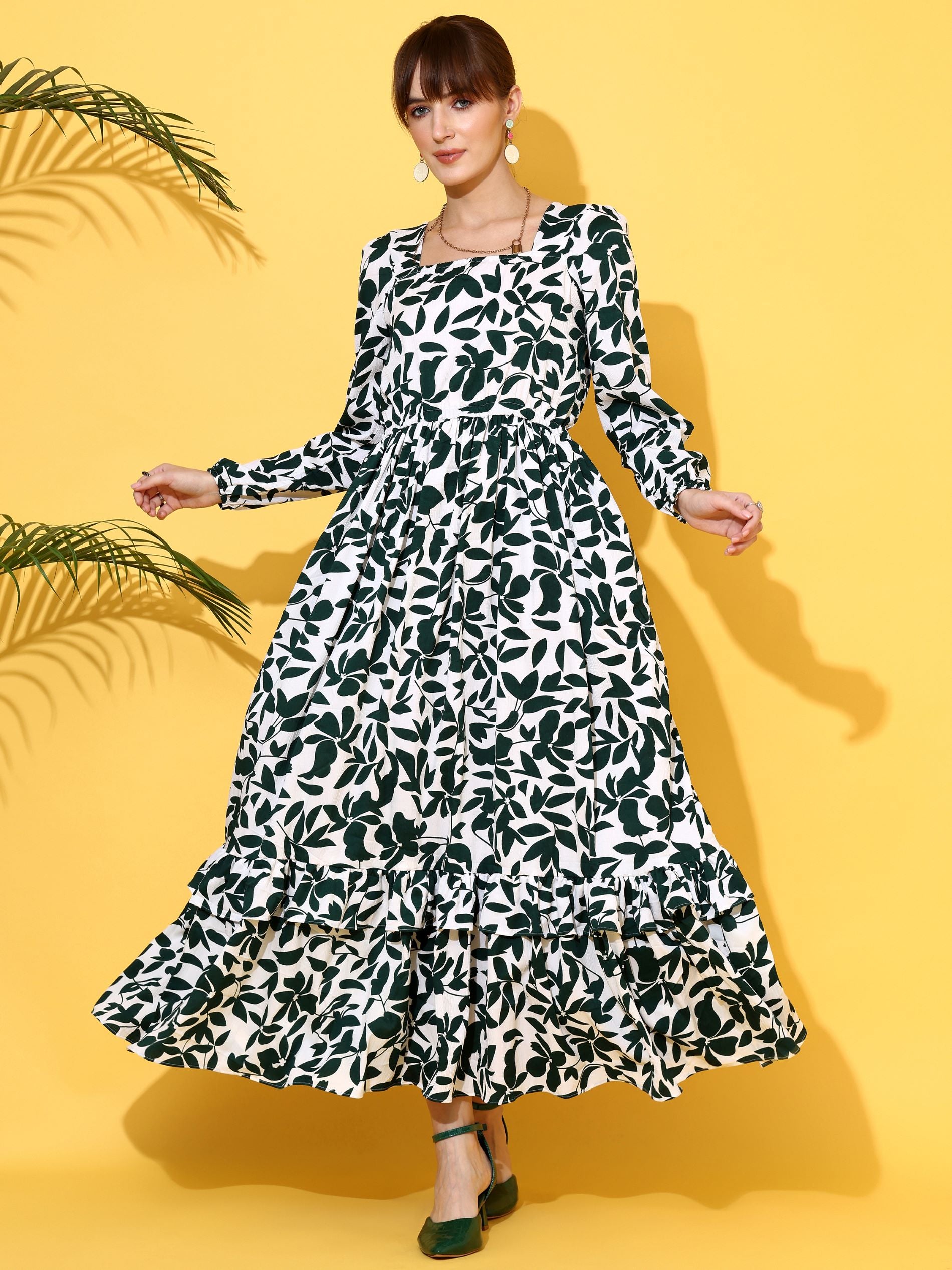 Green Printed Fit & Flare Maxi Dress