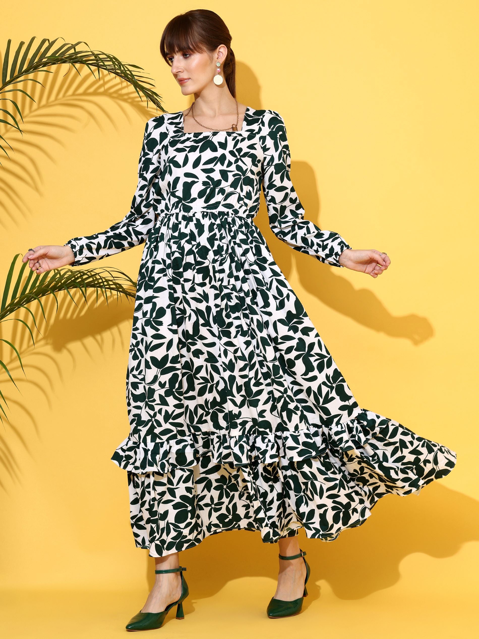 Green Printed Fit & Flare Maxi Dress