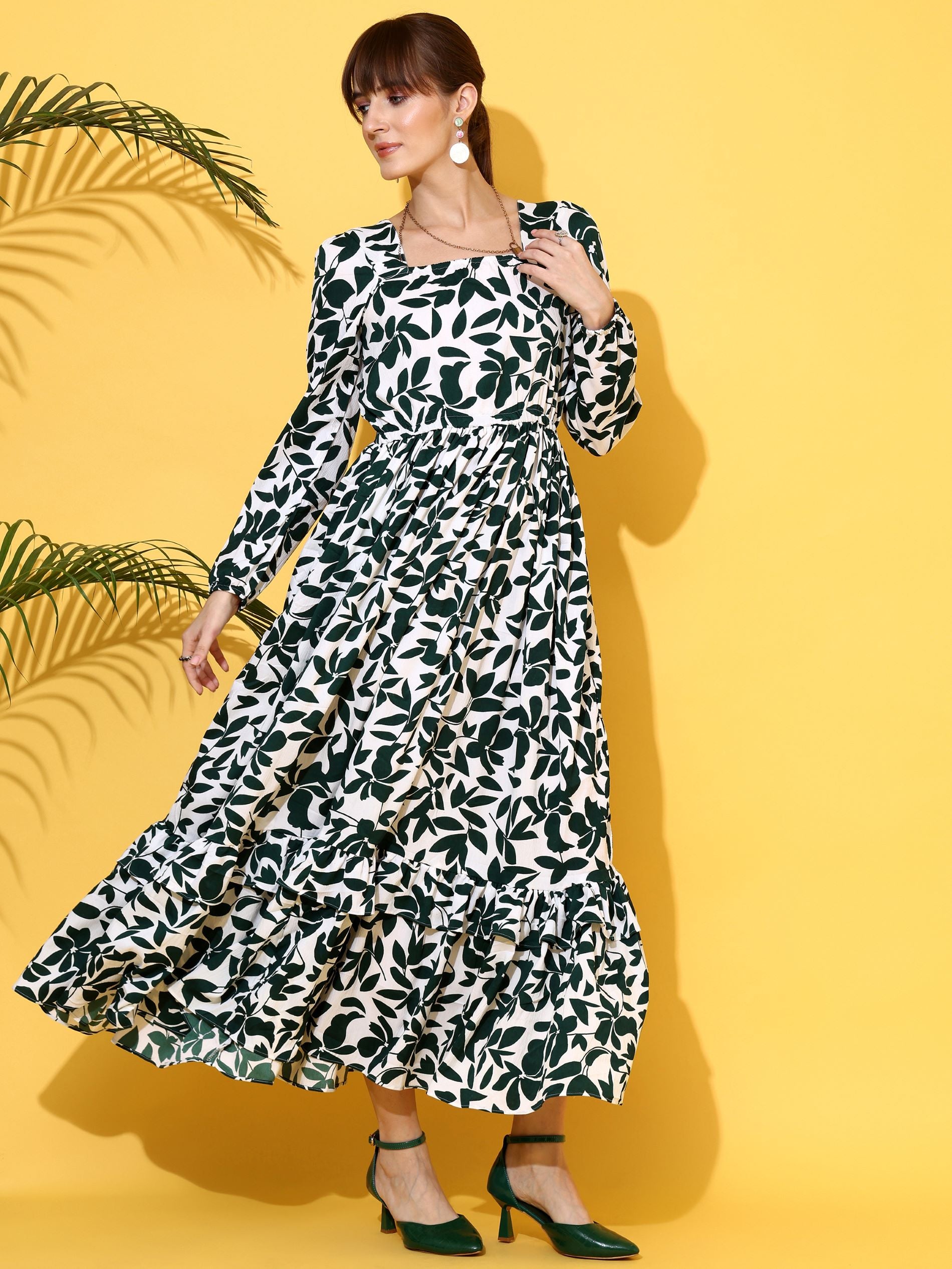 Green Printed Fit & Flare Maxi Dress