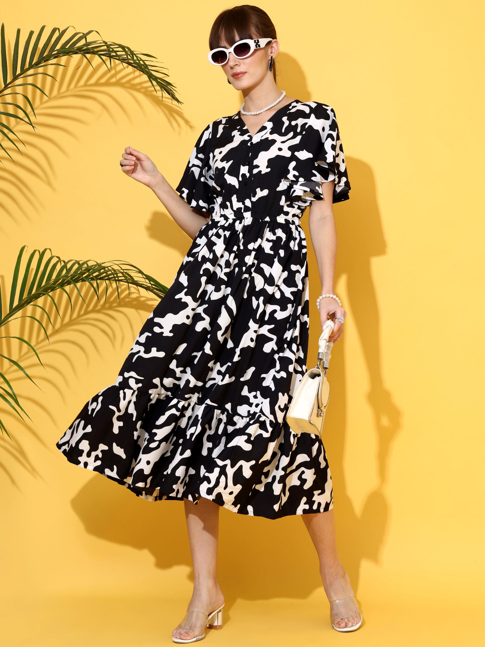 Black & White Abstract Printed Flared Sleeve Fit & Flare Midi Dress