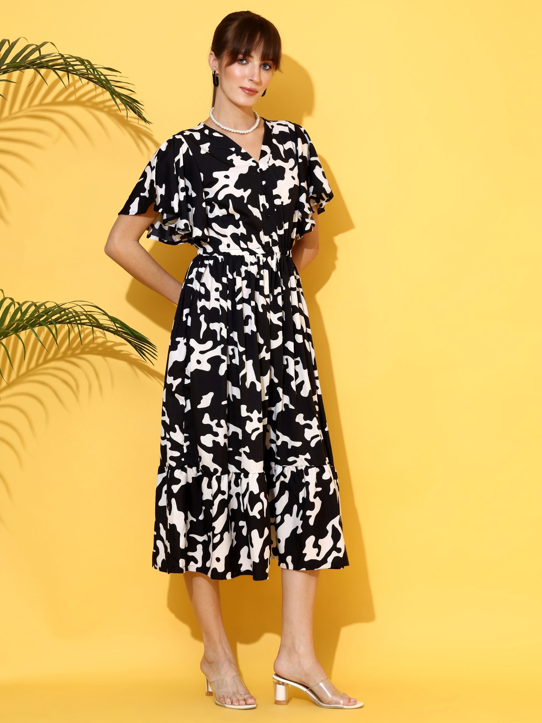 Black & White Abstract Printed Flared Sleeve Fit & Flare Midi Dress