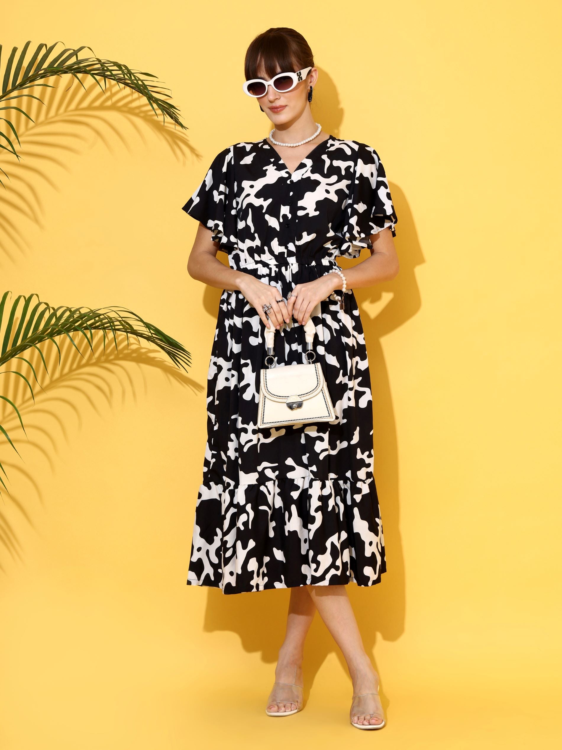 Black & White Abstract Printed Flared Sleeve Fit & Flare Midi Dress