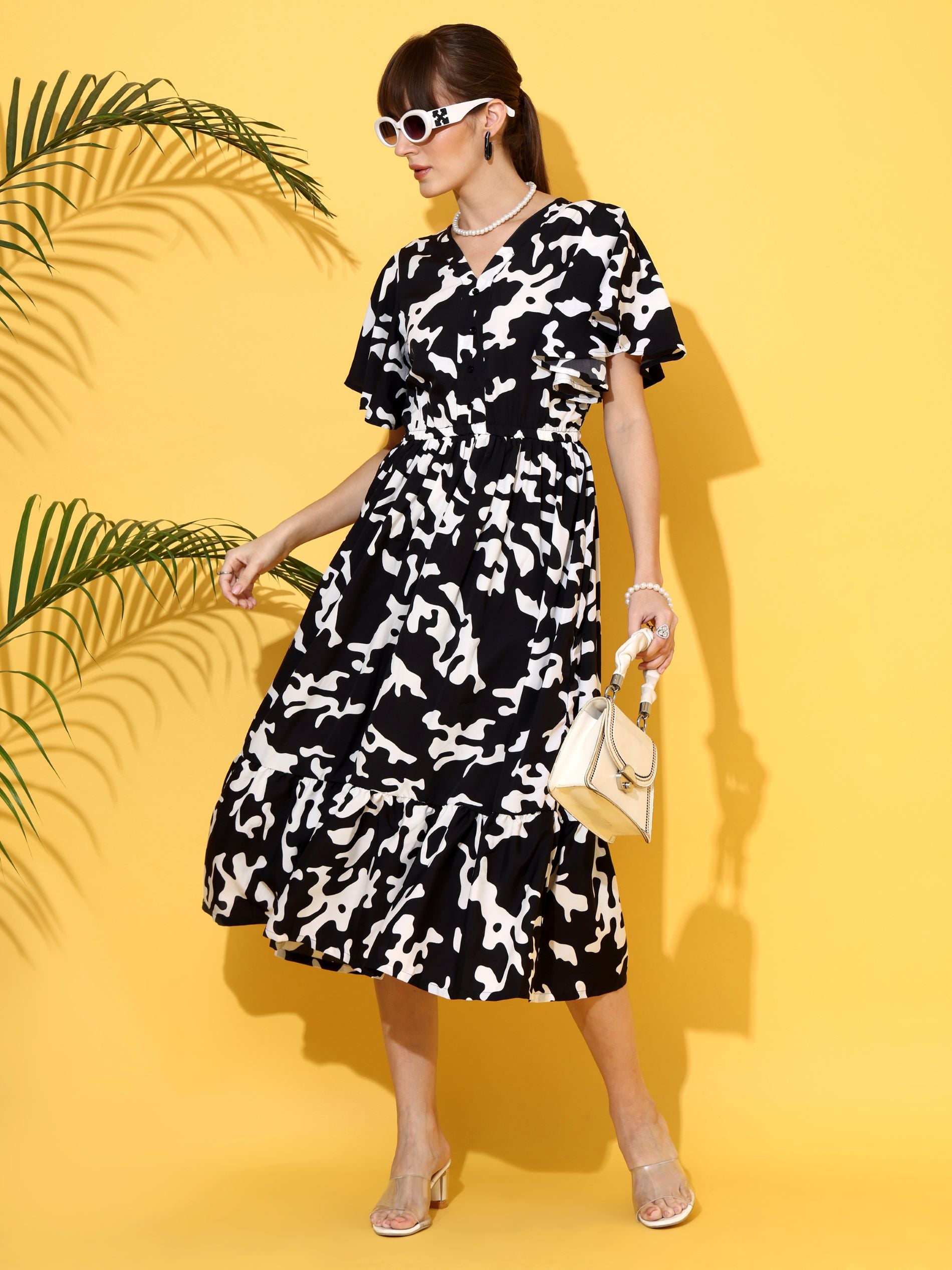 Black & White Abstract Printed Flared Sleeve Fit & Flare Midi Dress