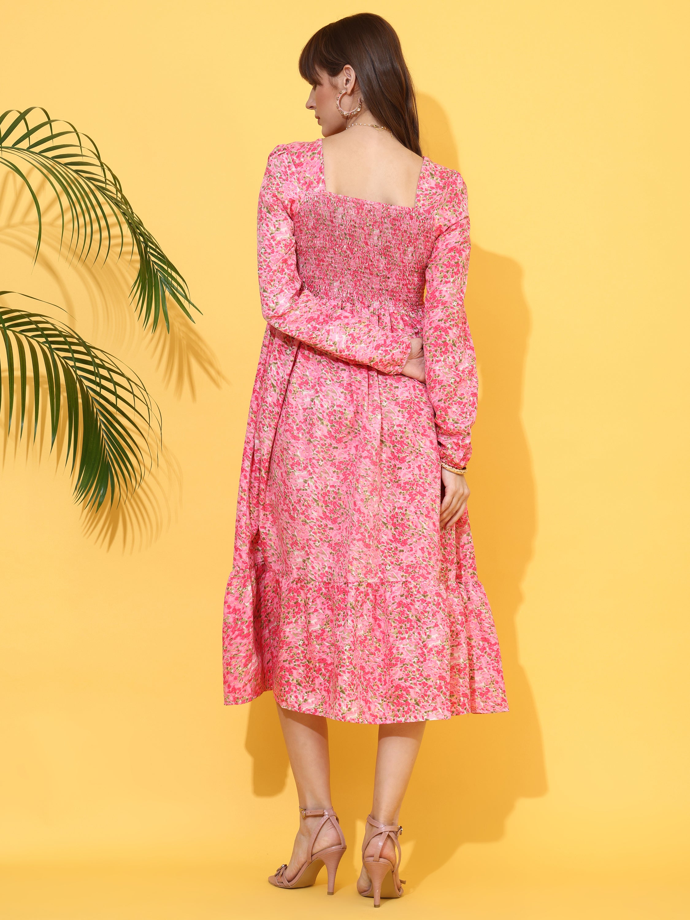 Women Floral Printed Square Neck Smocked Fit & Flare Midi Dress with Full Sleeves