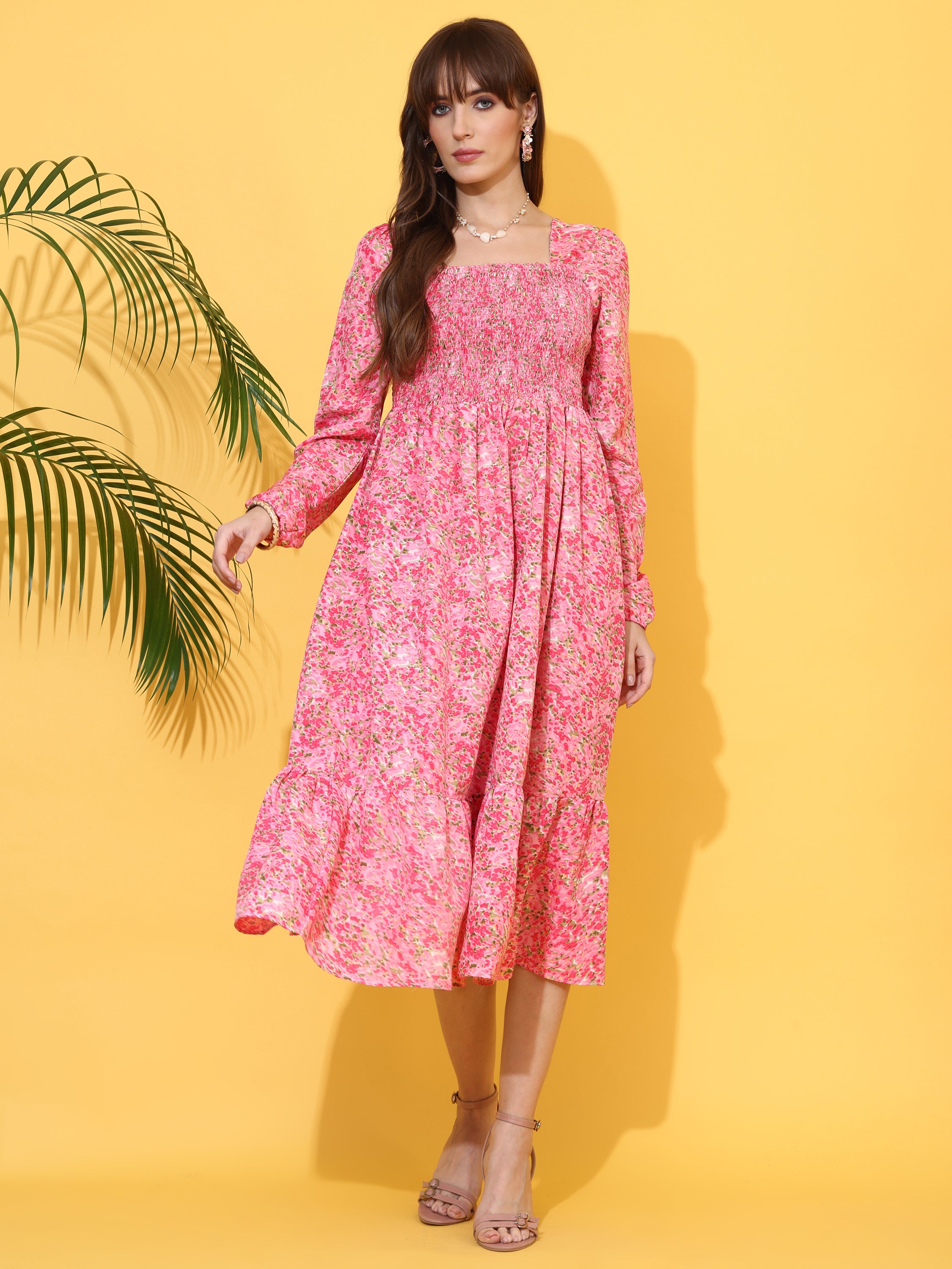 Women Floral Printed Square Neck Smocked Fit & Flare Midi Dress with Full Sleeves