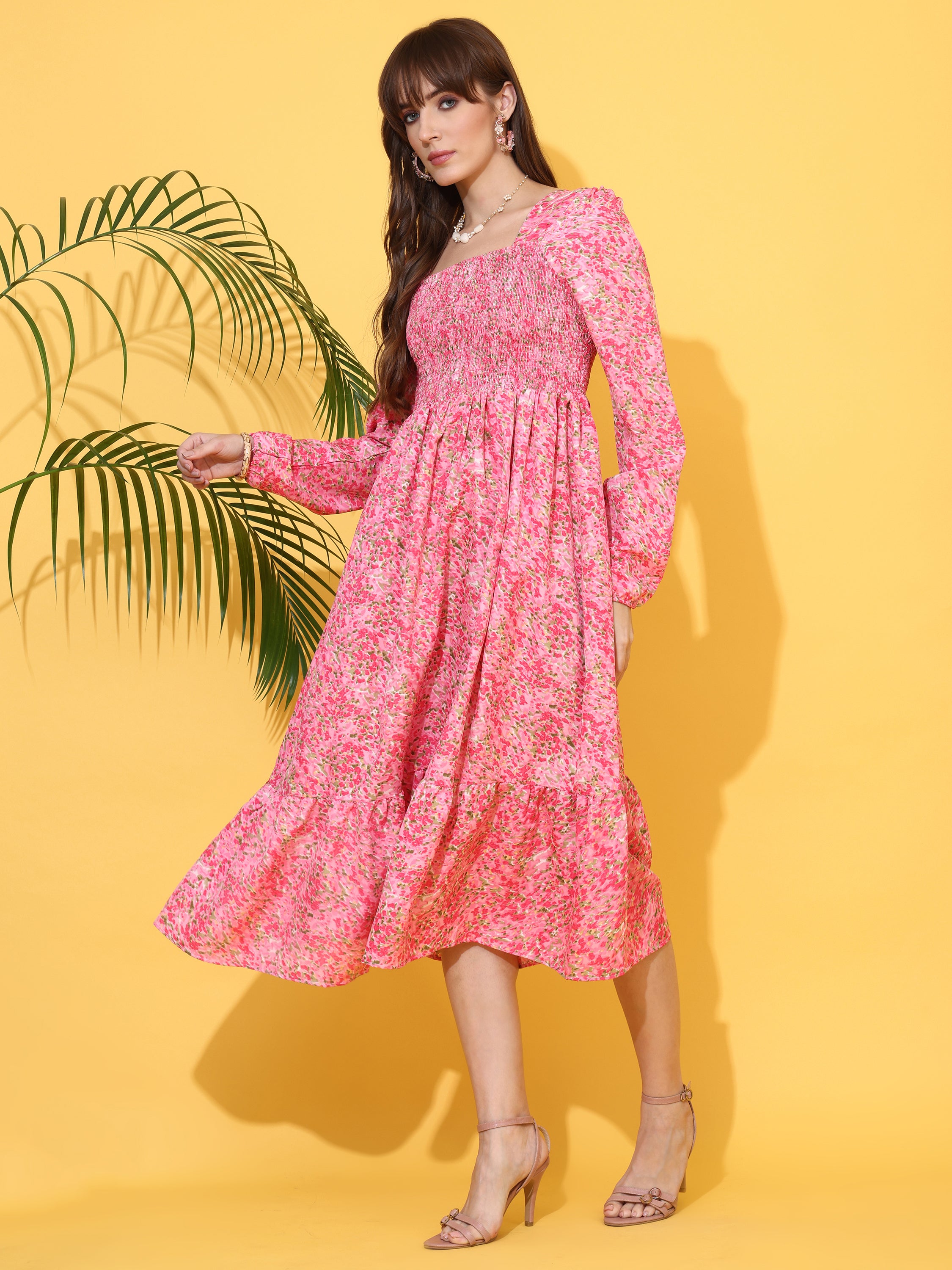 Women Floral Printed Square Neck Smocked Fit & Flare Midi Dress with Full Sleeves