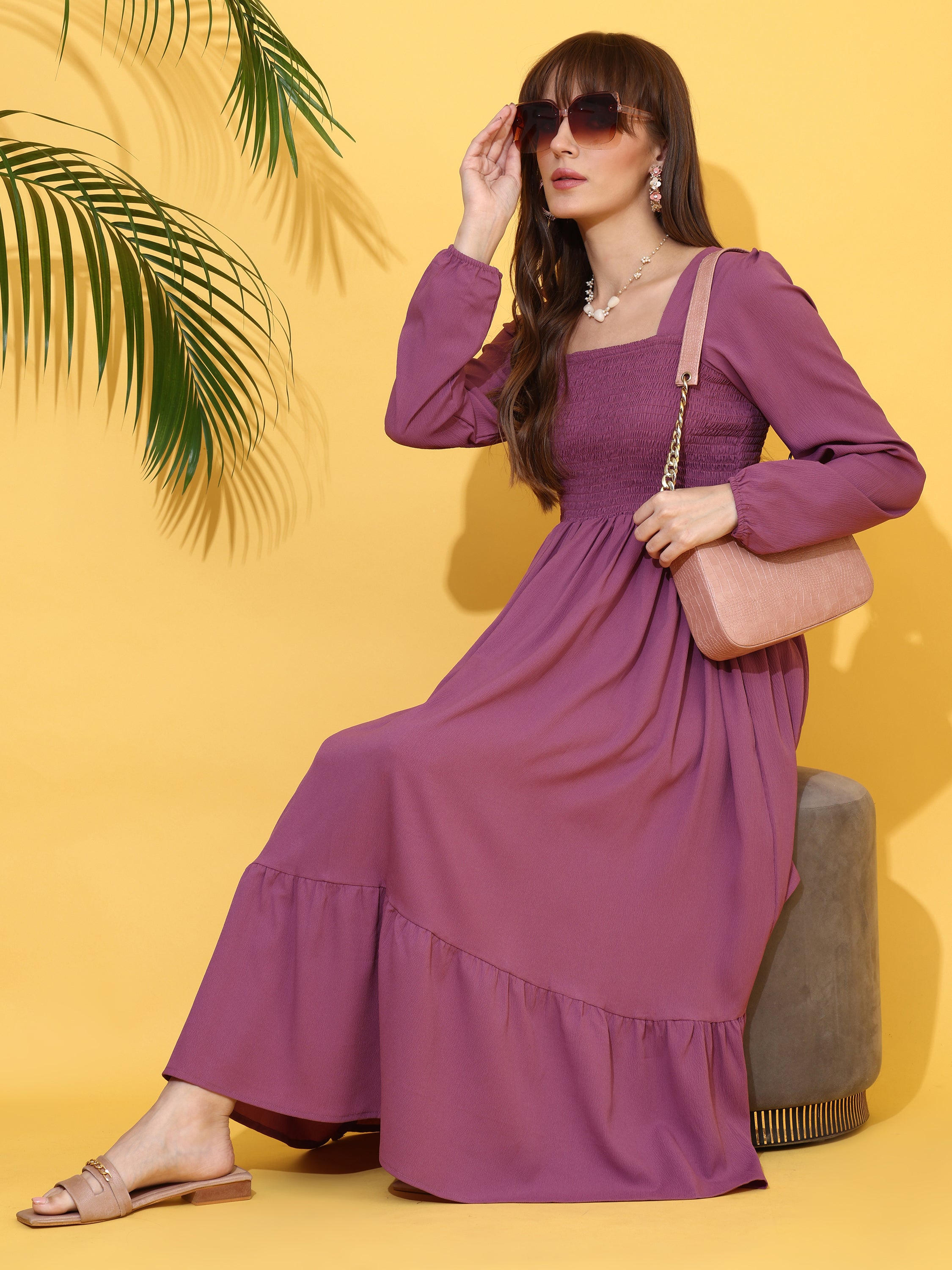 slim fit dress slacks Purple Fit And Flare Maxi Dress With Full Sleeves